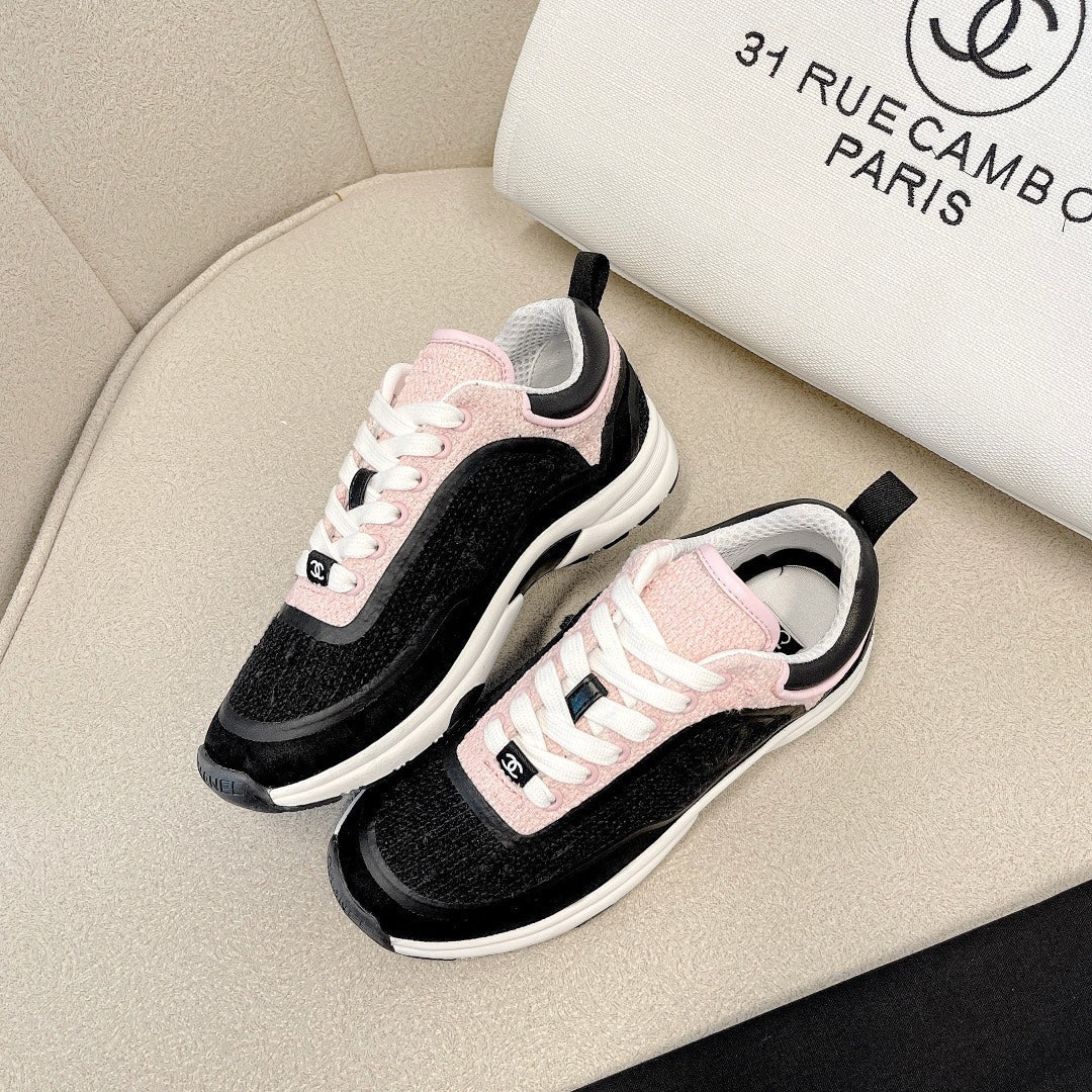 CC Low Top Sneakers Black & Pink Tweed Suede 527566