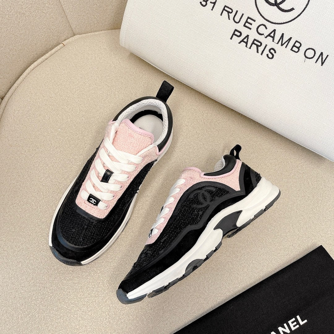 CC Low Top Sneakers Black & Pink Tweed Suede 527566