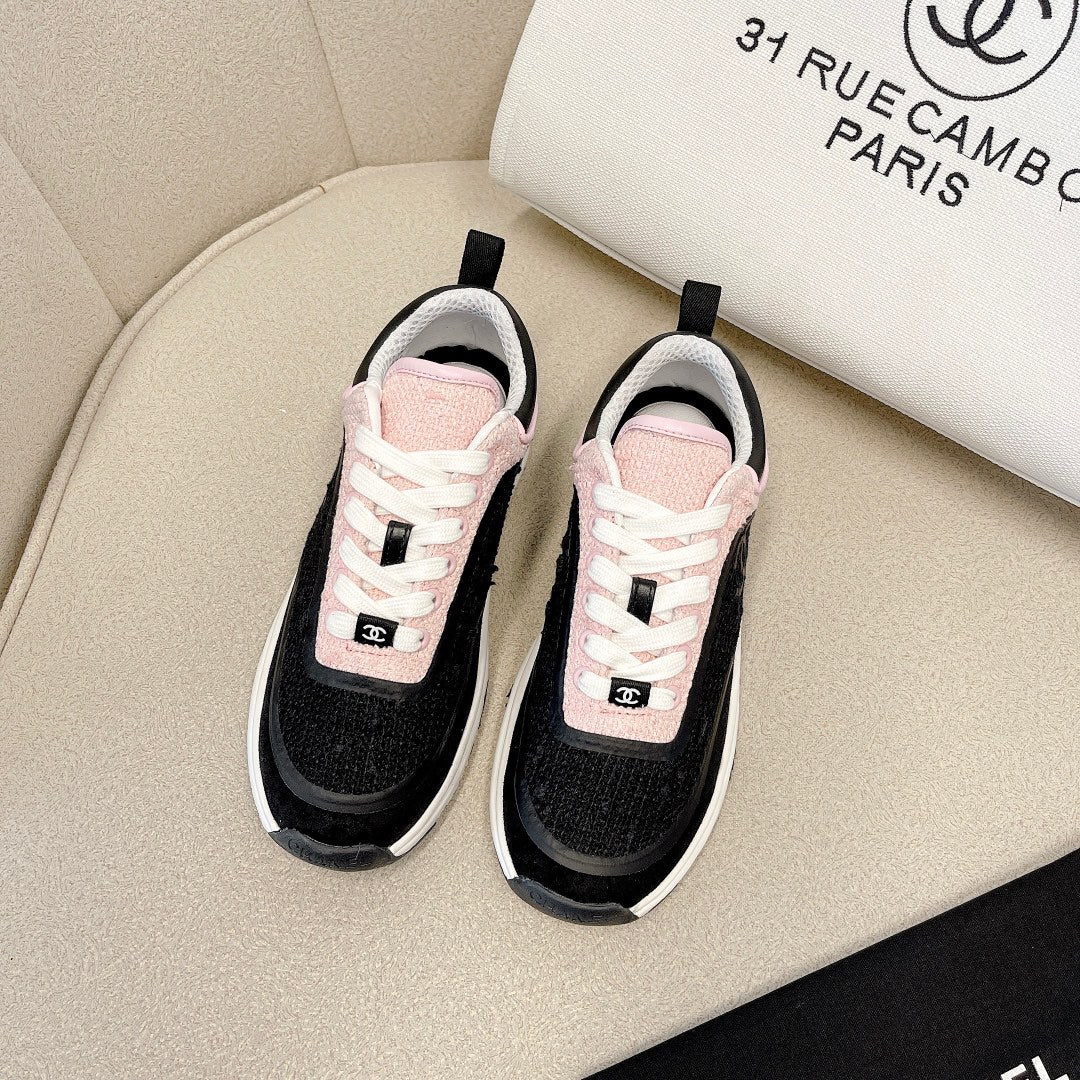 CC Low Top Sneakers Black & Pink Tweed Suede 527566