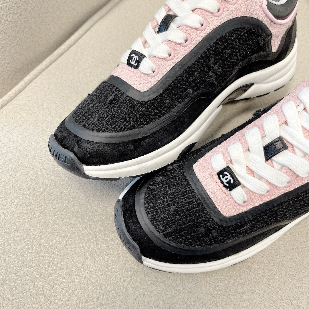 CC Low Top Sneakers Black & Pink Tweed Suede 527566