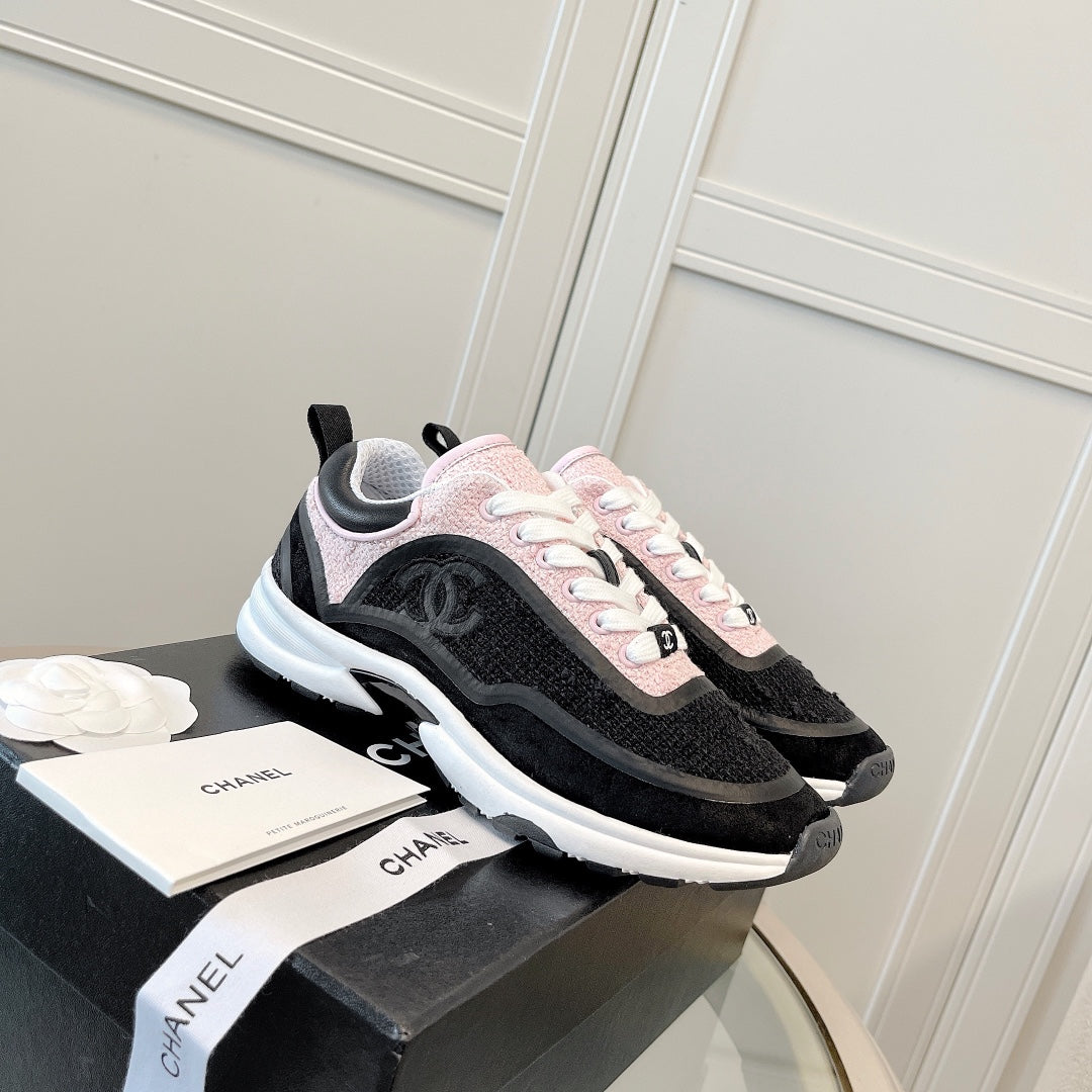 CC Low Top Sneakers Black & Pink Tweed Suede 527566