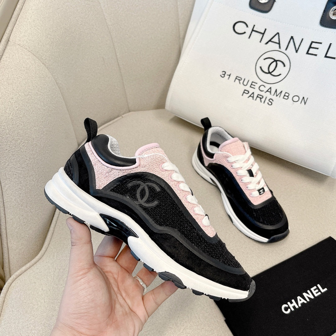 CC Low Top Sneakers Black & Pink Tweed Suede 527566