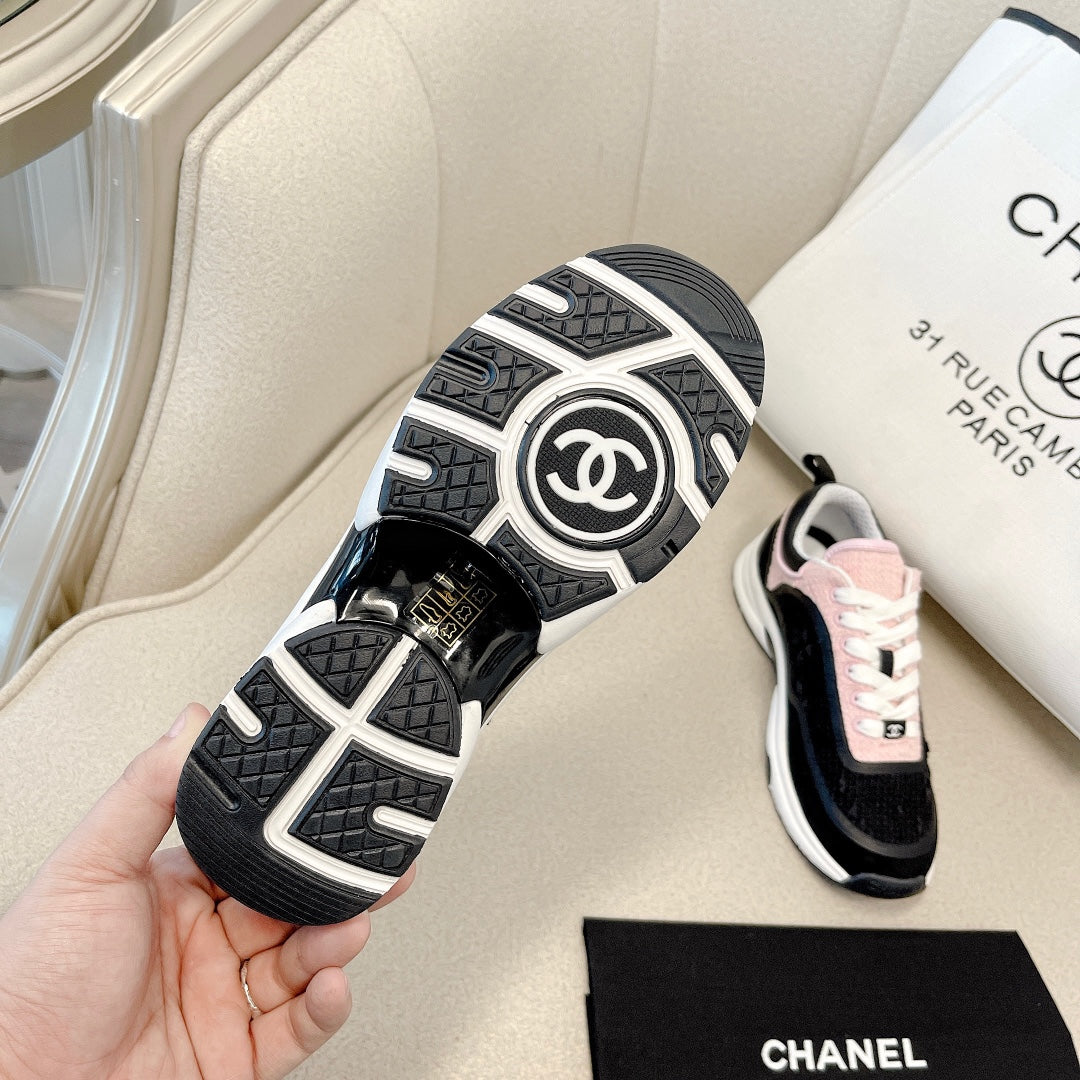 CC Low Top Sneakers Black & Pink Tweed Suede 527566