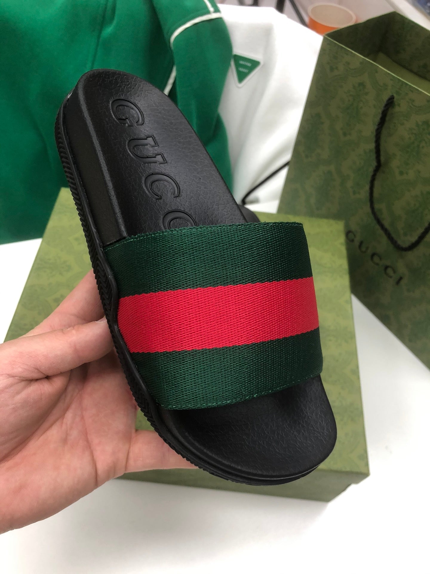 GG Web Slide Sandals Black Green Rubber Cotton 788219