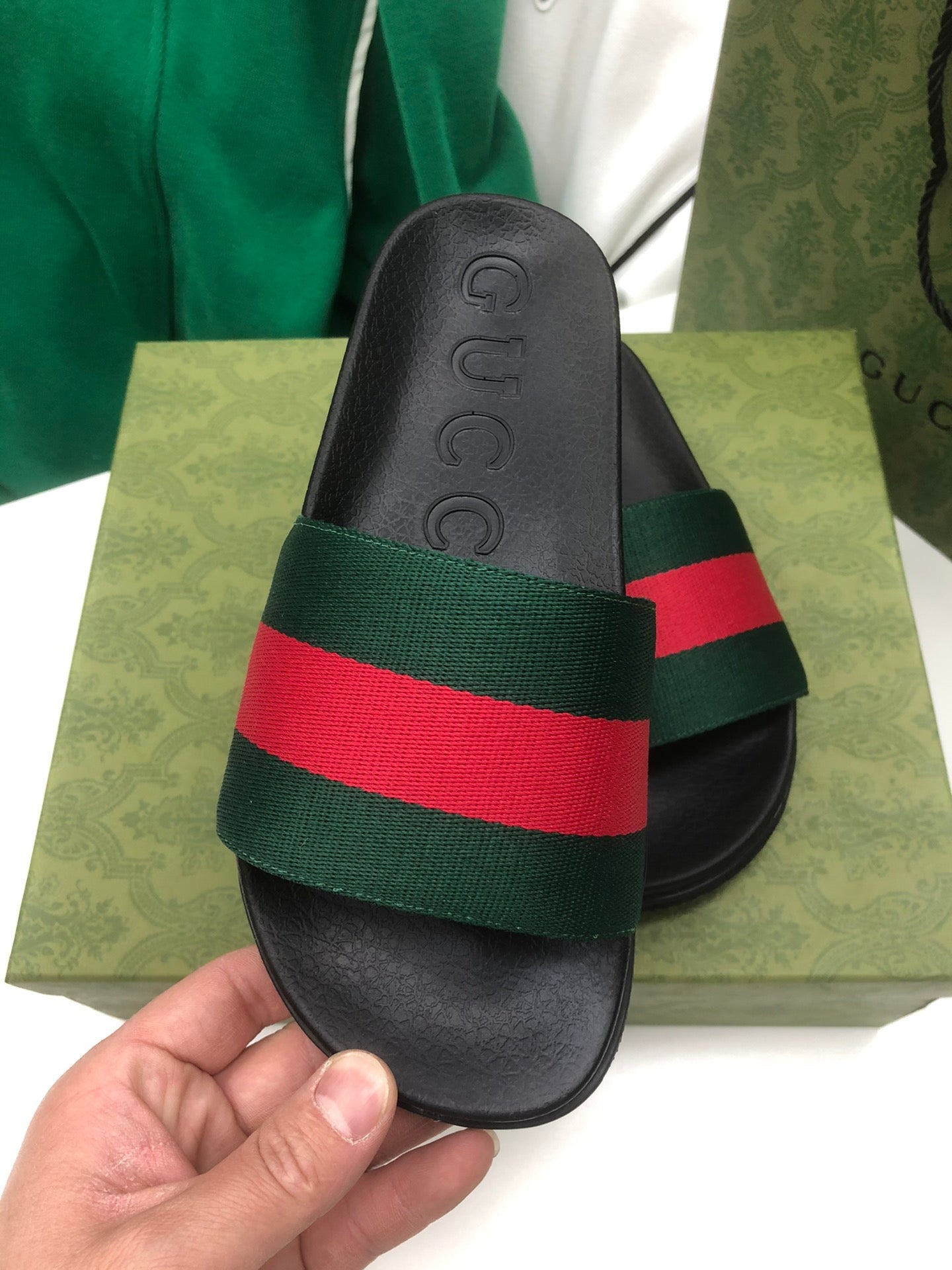 GG Web Slide Sandals Black Green Rubber Cotton 788219