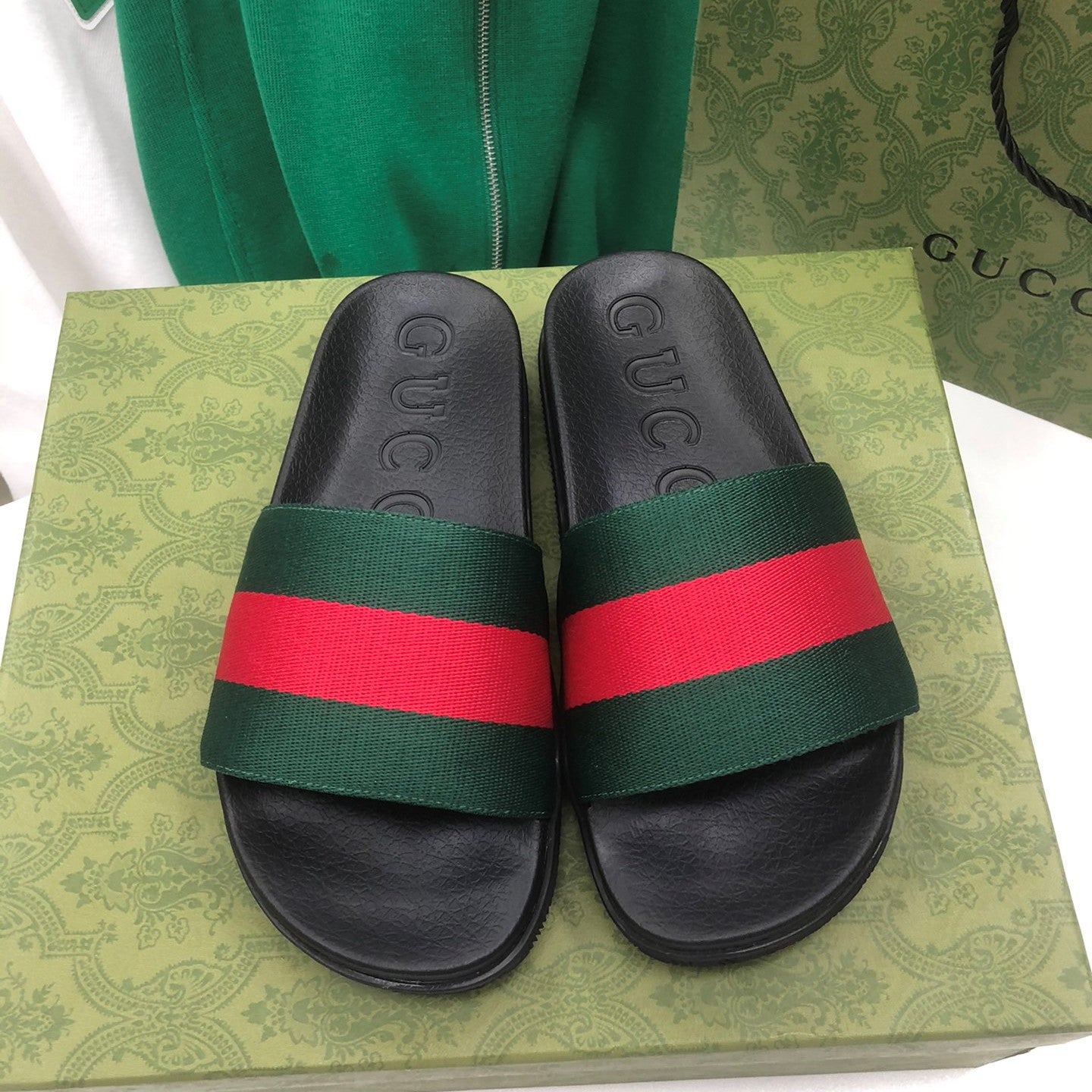 GG Web Slide Sandals Black Green Rubber Cotton 788219
