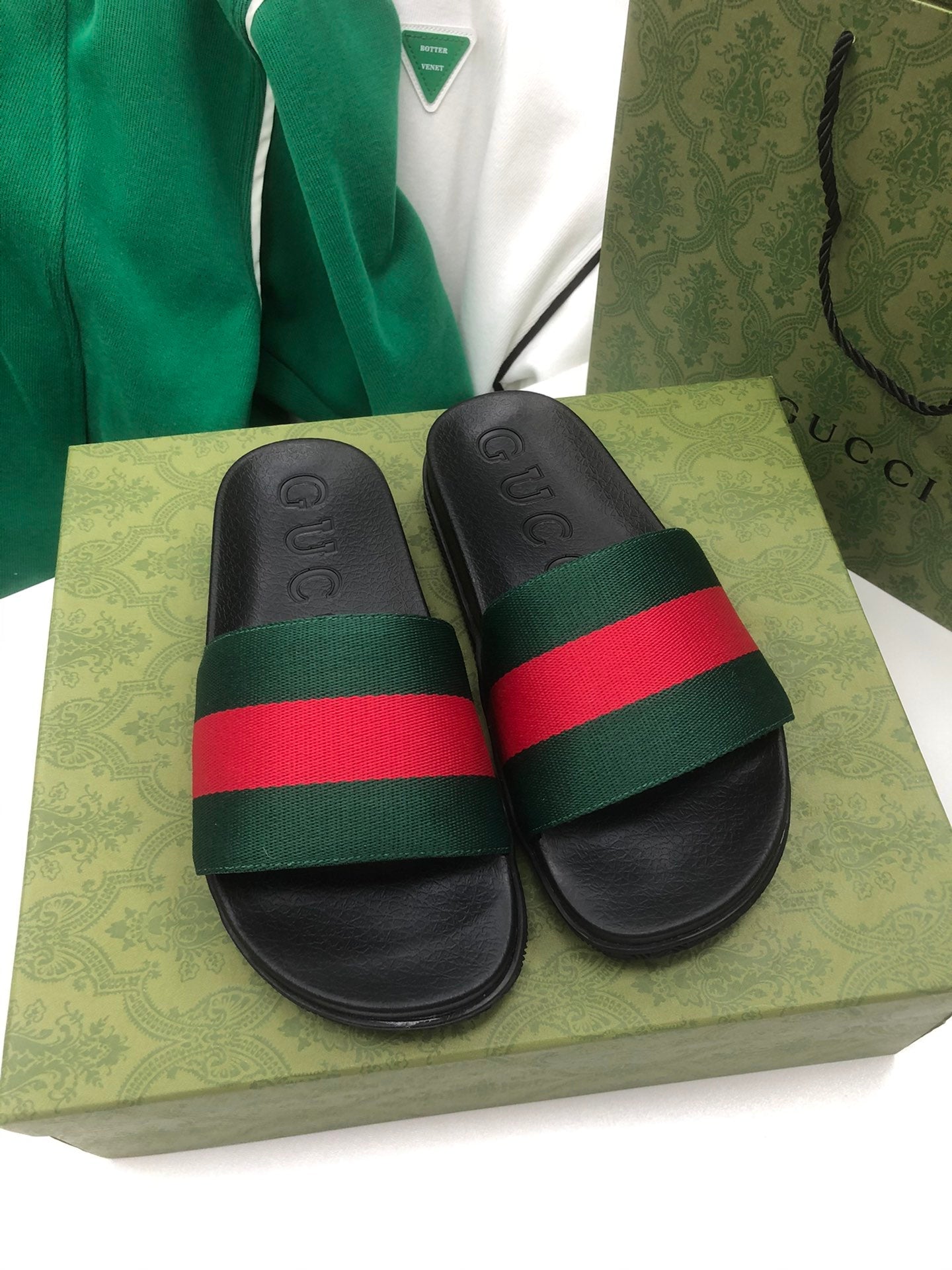 GG Web Slide Sandals Black Green Rubber Cotton 788219