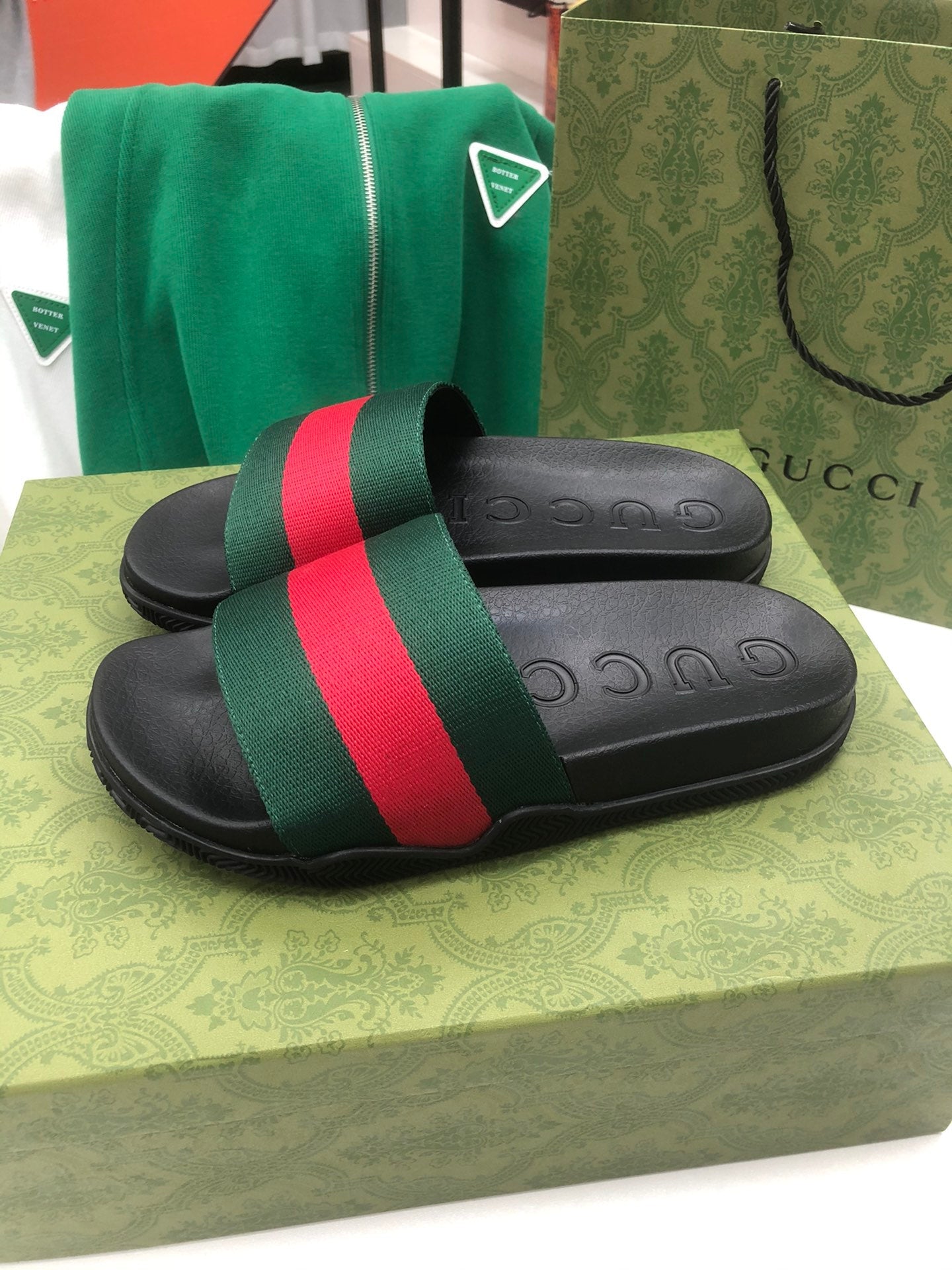 GG Web Slide Sandals Black Green Rubber Cotton 788219