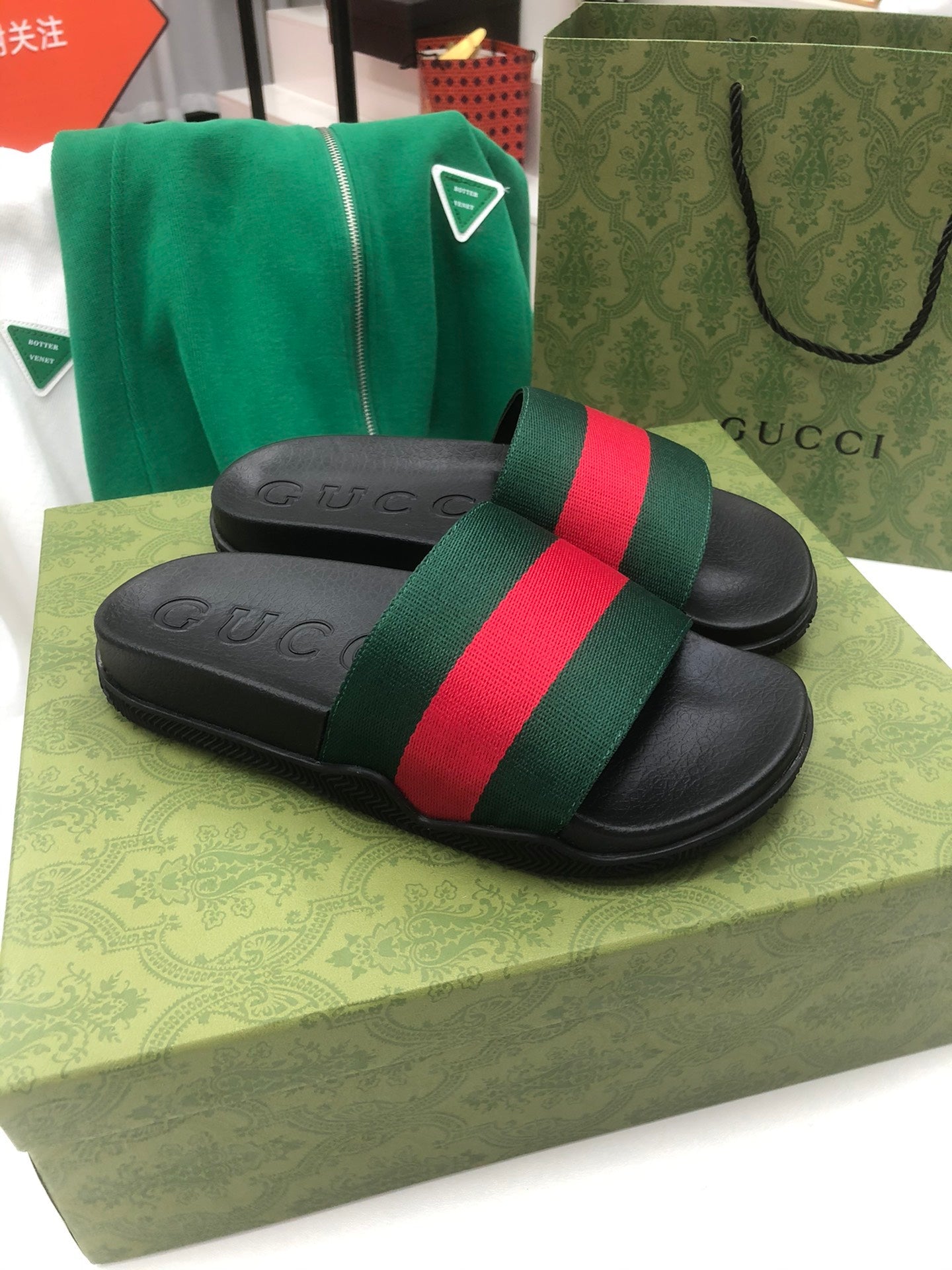 GG Web Slide Sandals Black Green Rubber Cotton 788219