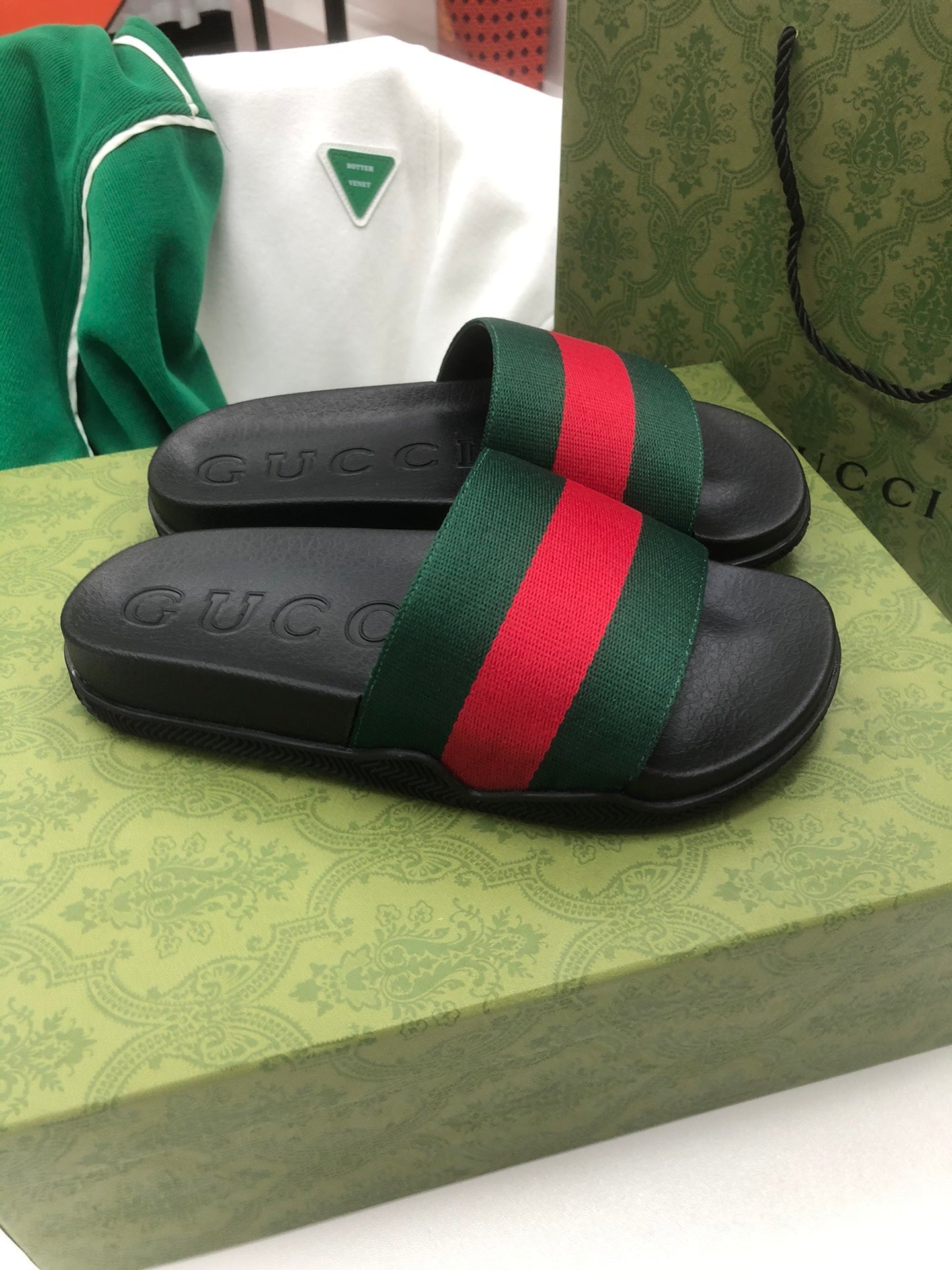 GG Web Slide Sandals Black Green Rubber Cotton 788219