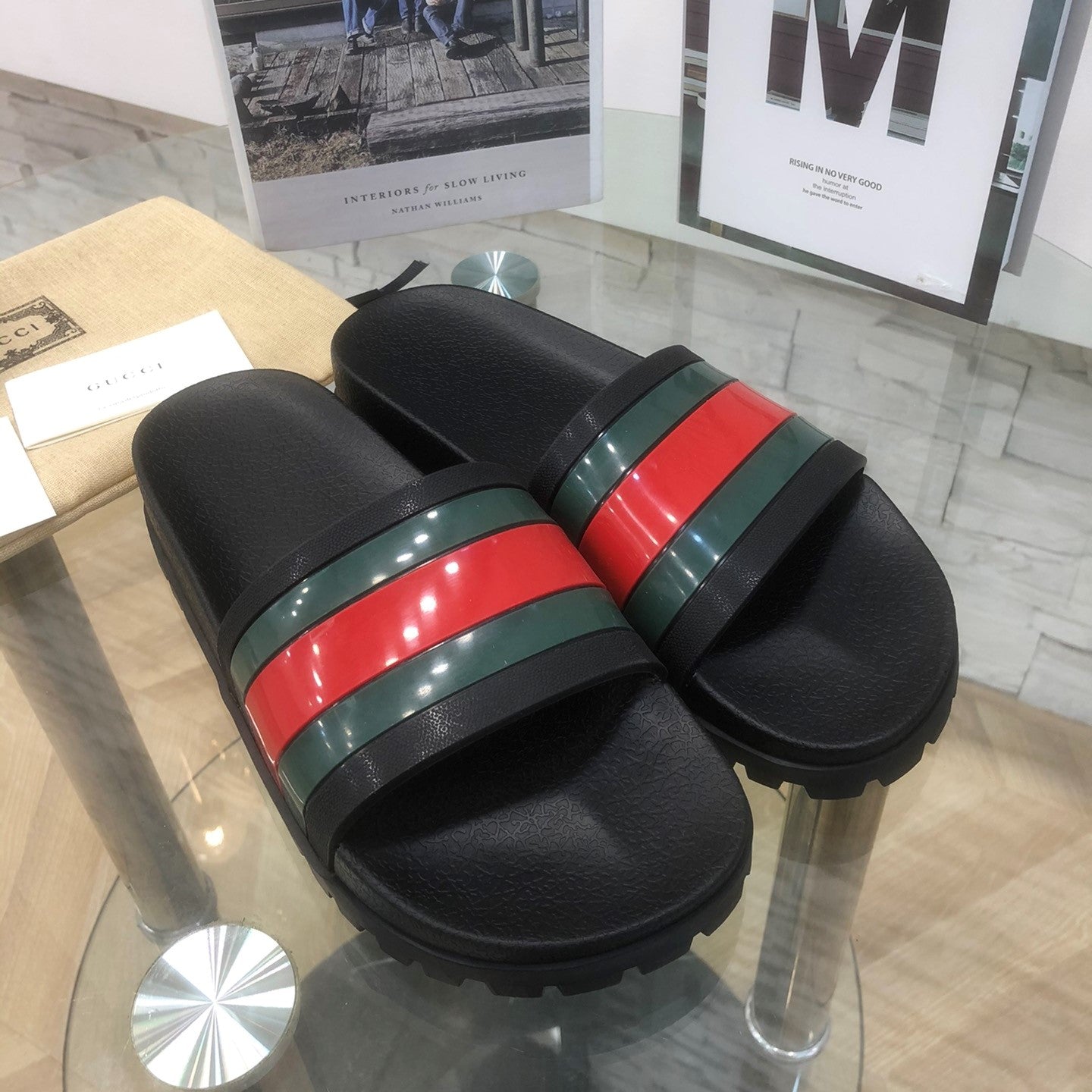 GG Web Slide Sandals Black Rubber 788221