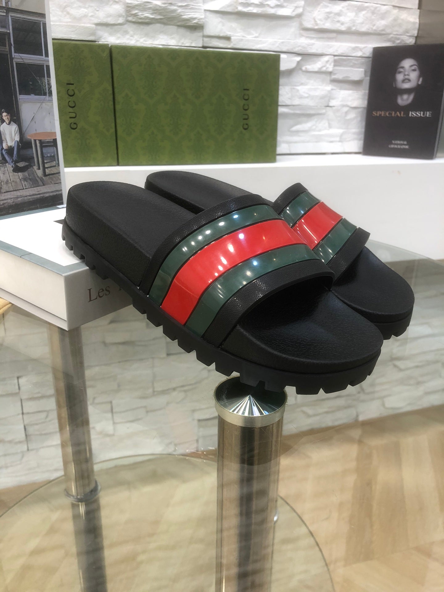 GG Web Slide Sandals Black Rubber 788221