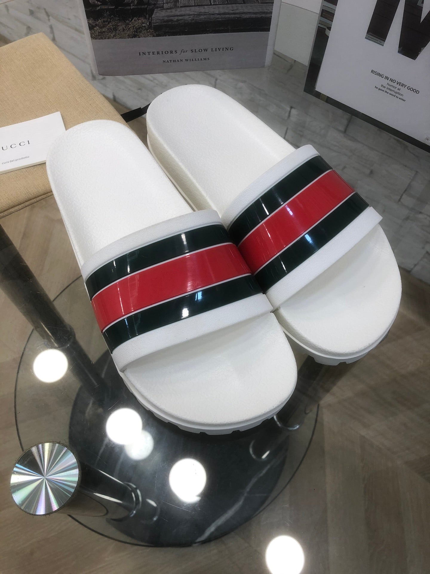 GG Web Slide Sandals White Rubber 788220