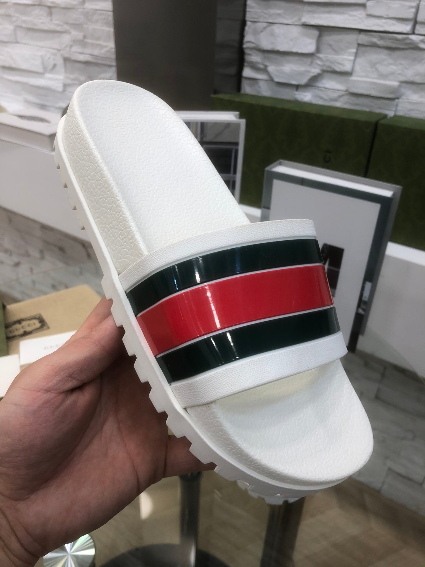 GG Web Slide Sandals White Rubber 788220