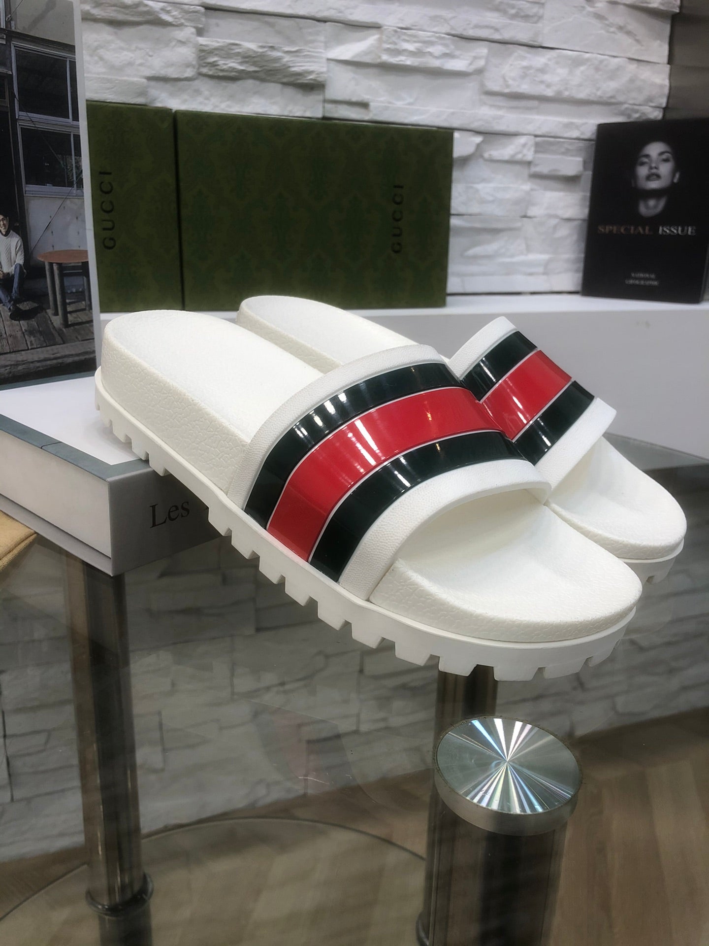 GG Web Slide Sandals White Rubber 788220