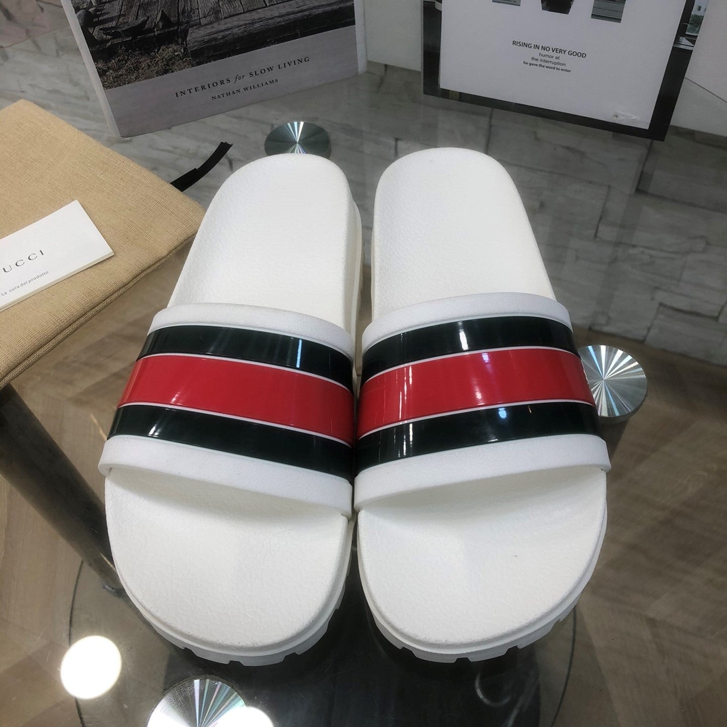 GG Web Slide Sandals White Rubber 788220