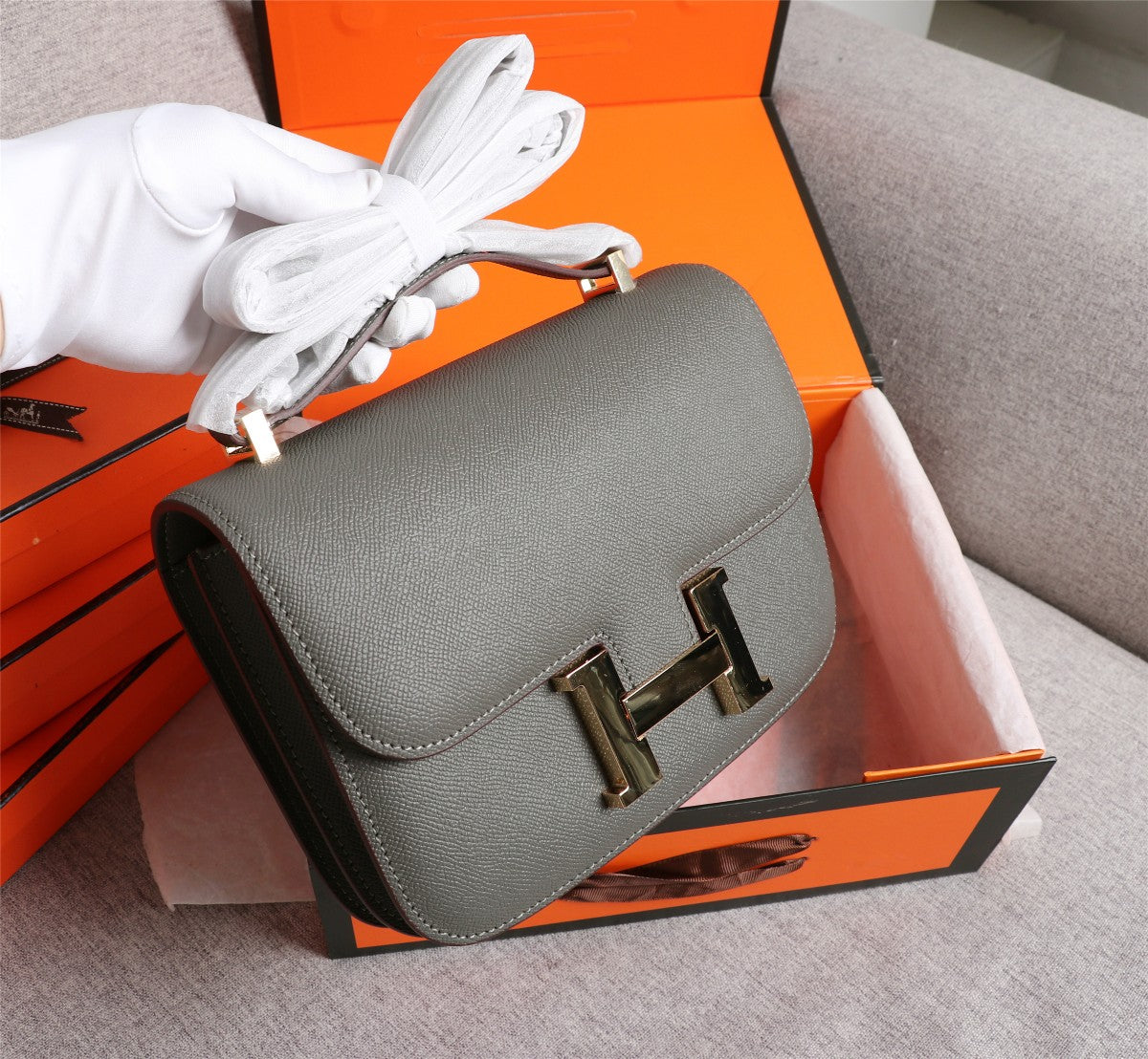 HM CONSTANCE BAGS 19 PEWTER GRAY EPSOM