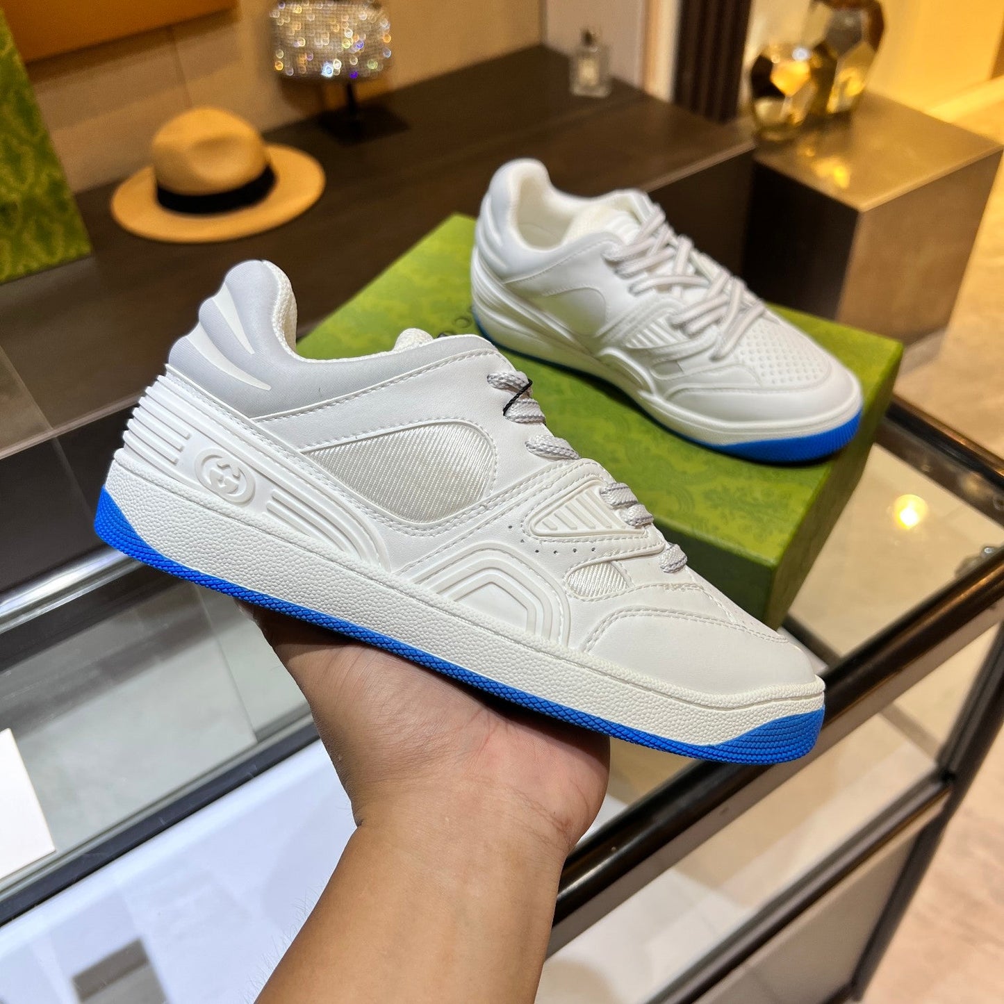 GG Basket Low Trainers White Grey Leather 816636