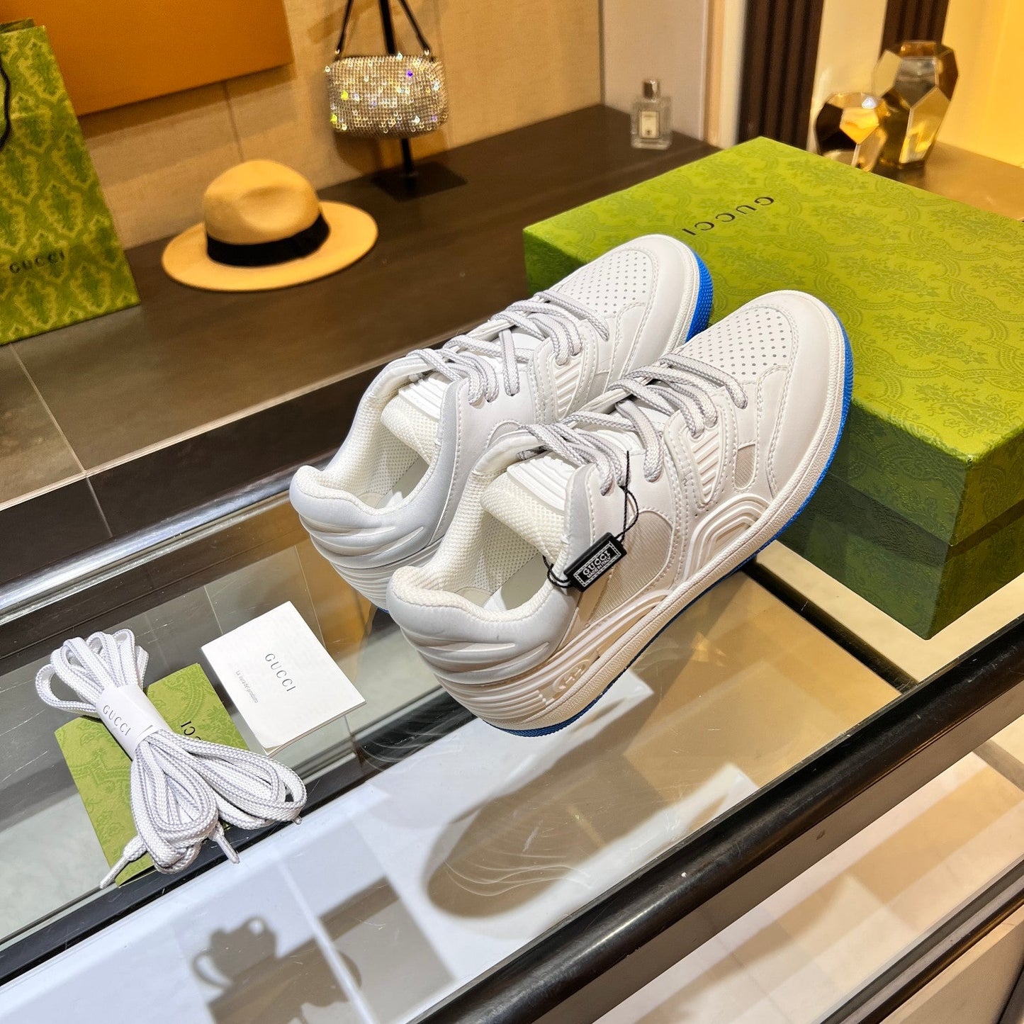 GG Basket Low Trainers White Grey Leather 816636