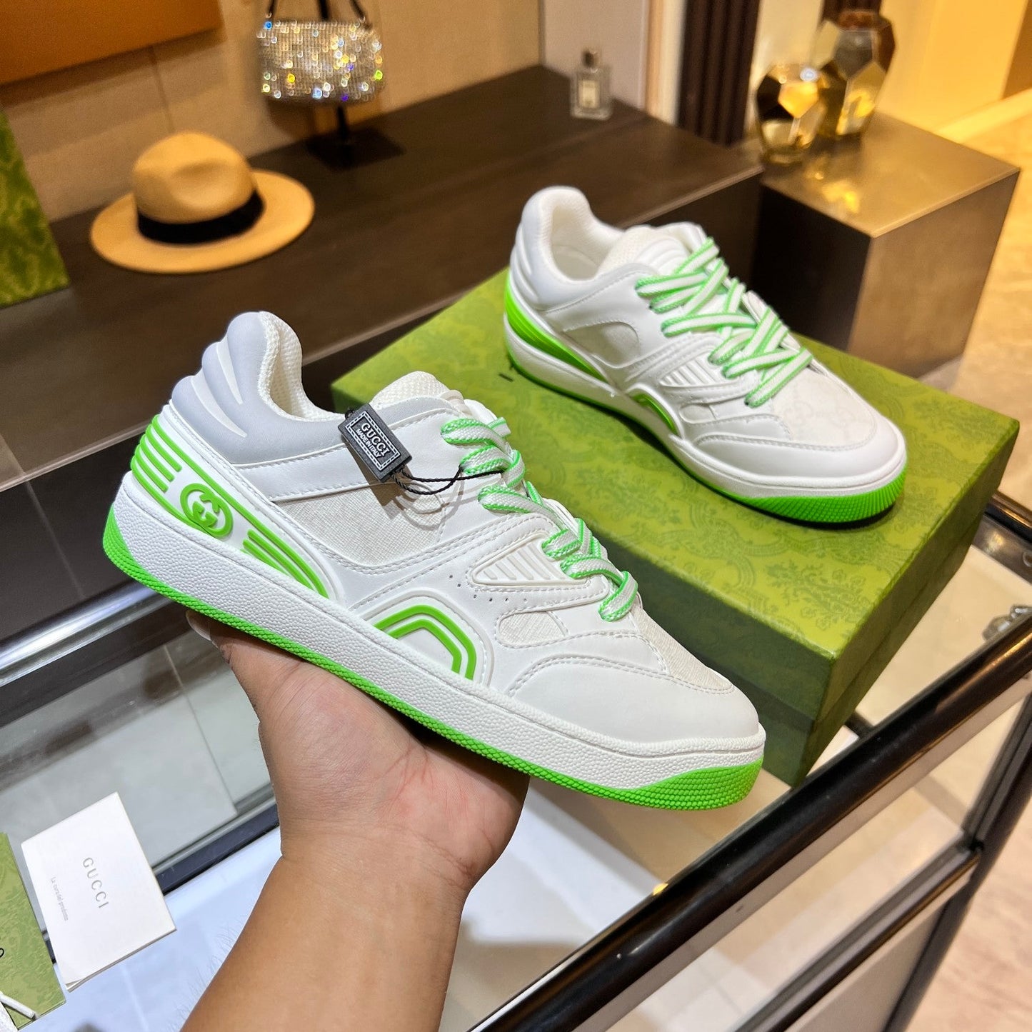 GG Basket Low Trainers White Green Leather 816638