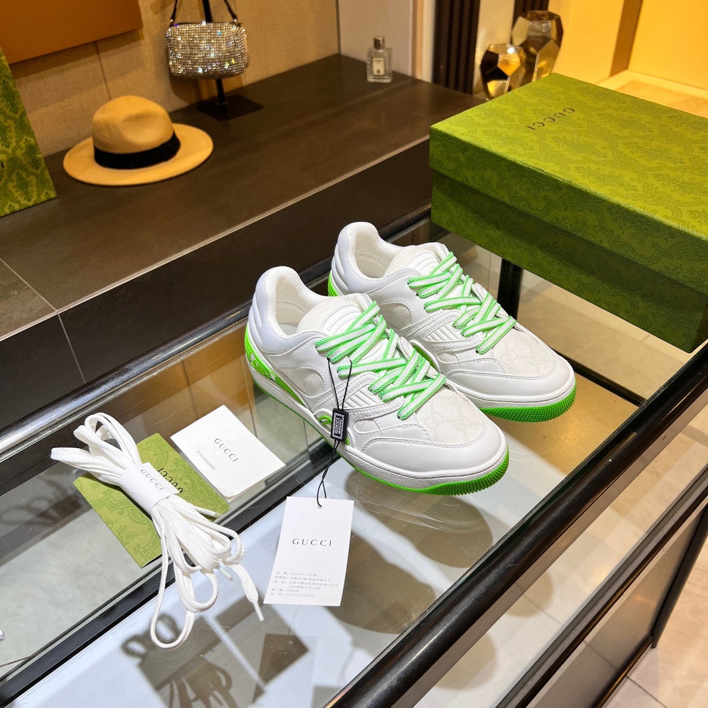 GG Basket Low Trainers White Green Leather 816638