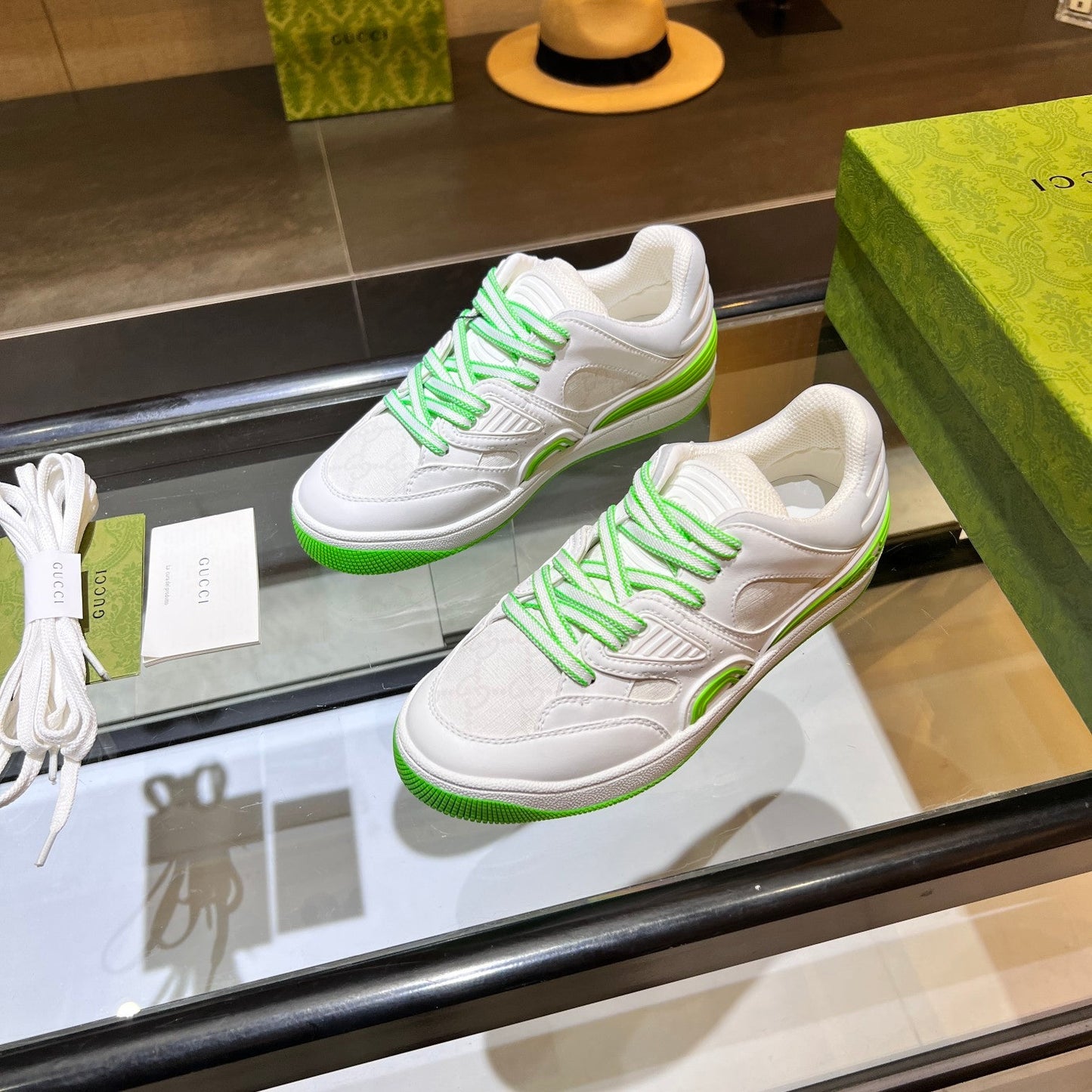 GG Basket Low Trainers White Green Leather 816638