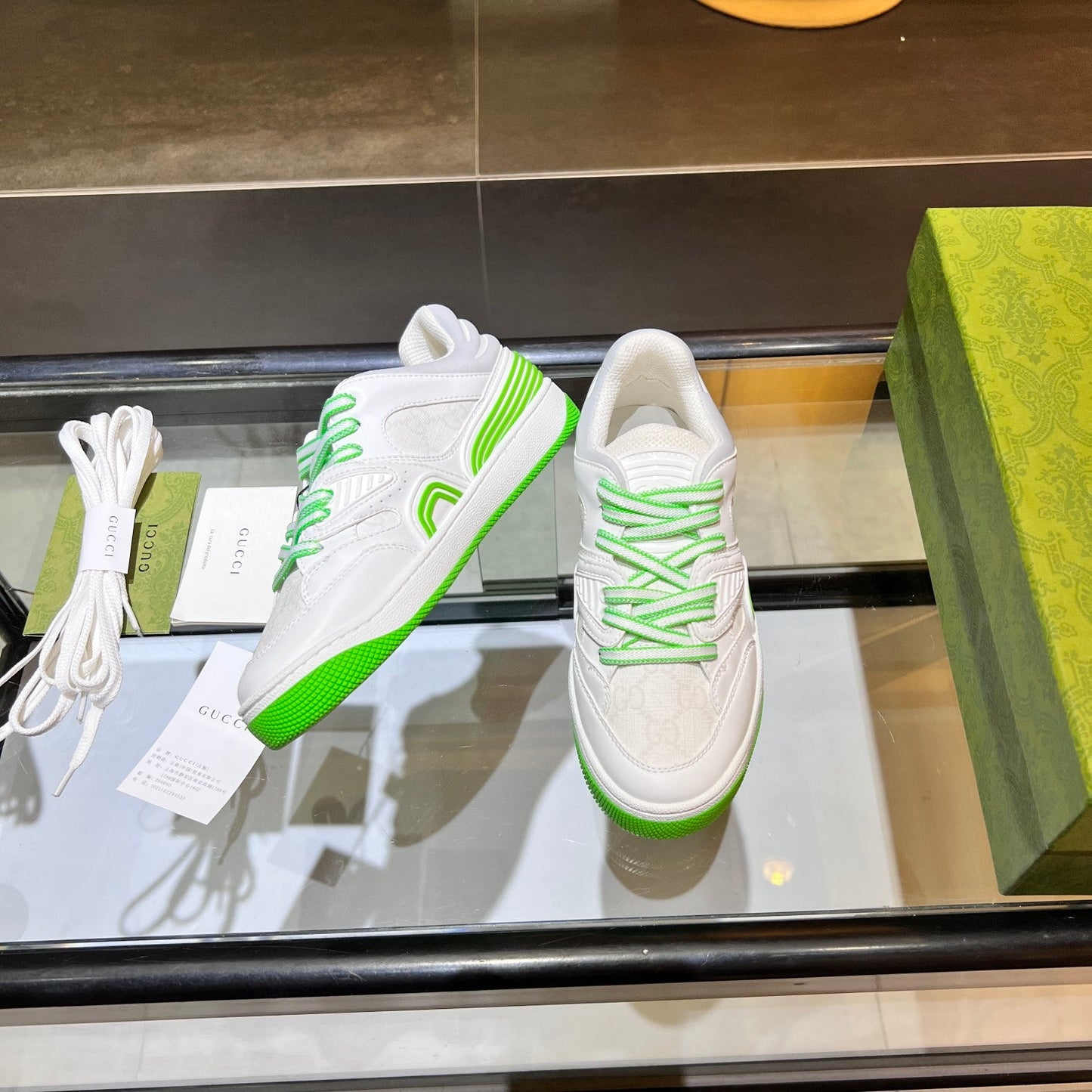 GG Basket Low Trainers White Green Leather 816638