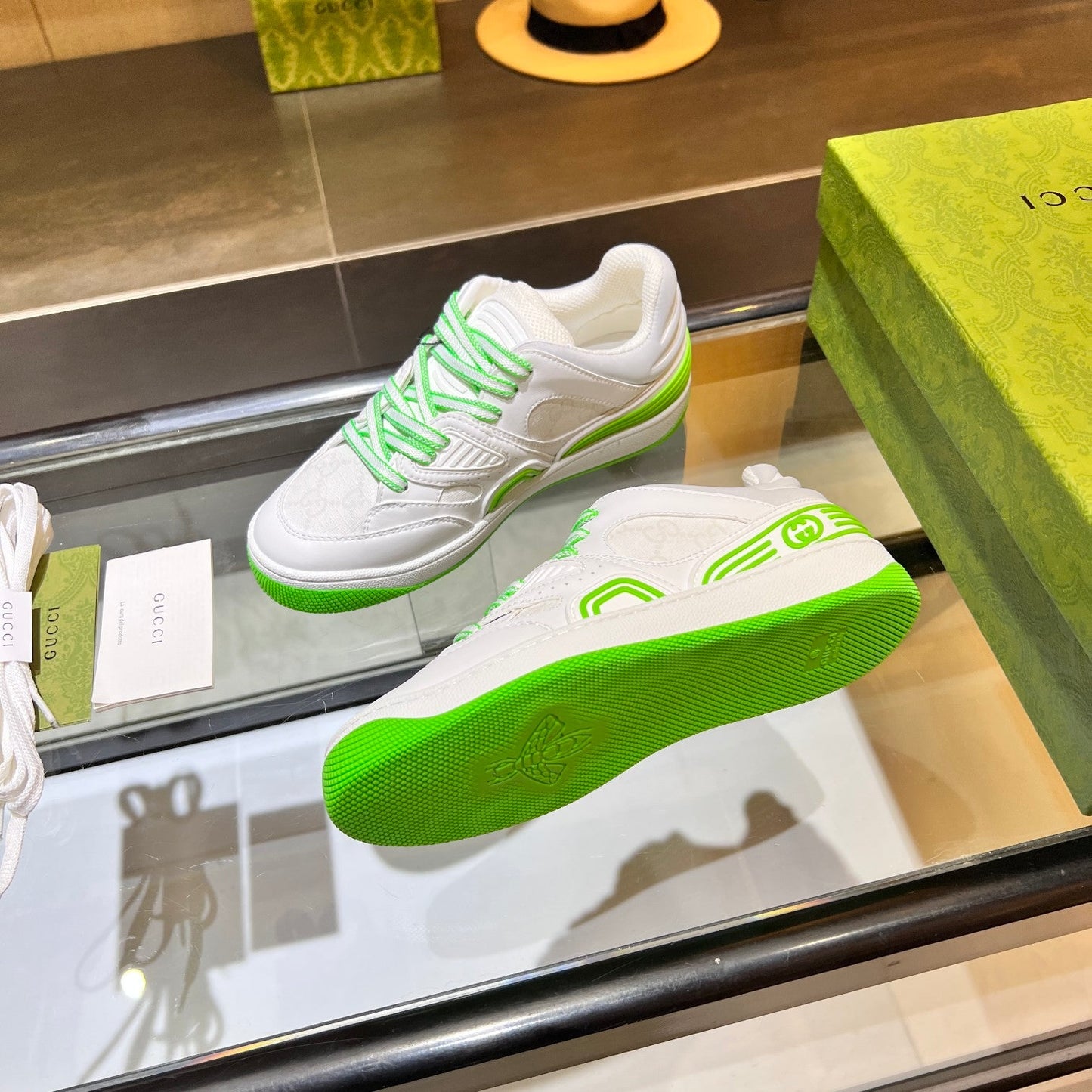 GG Basket Low Trainers White Green Leather 816638