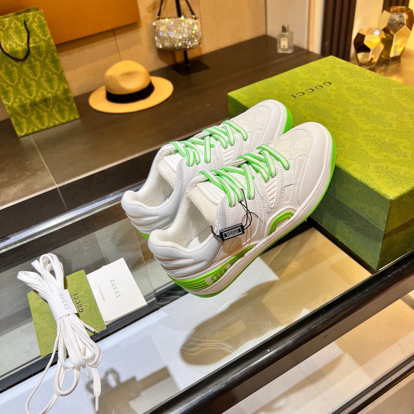 GG Basket Low Trainers White Green Leather 816638