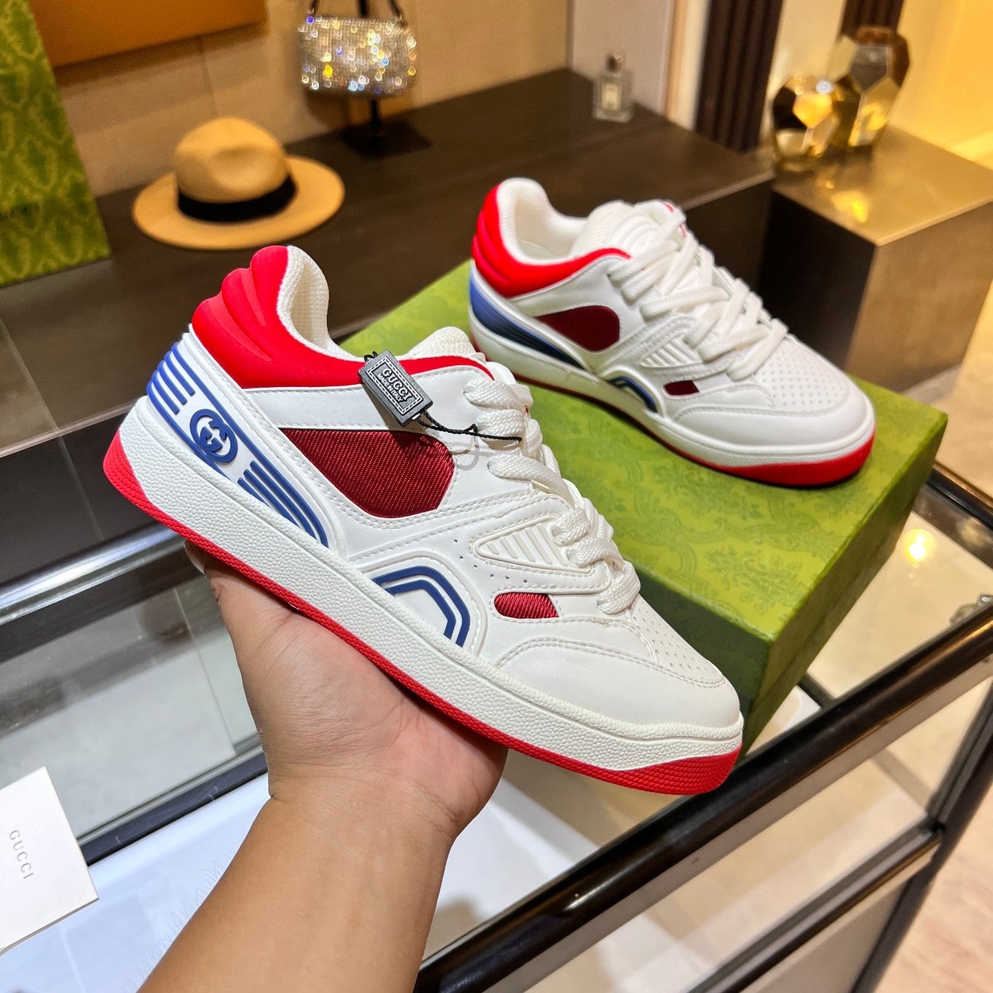 GG Basket Low Trainers White Red Leather 816639
