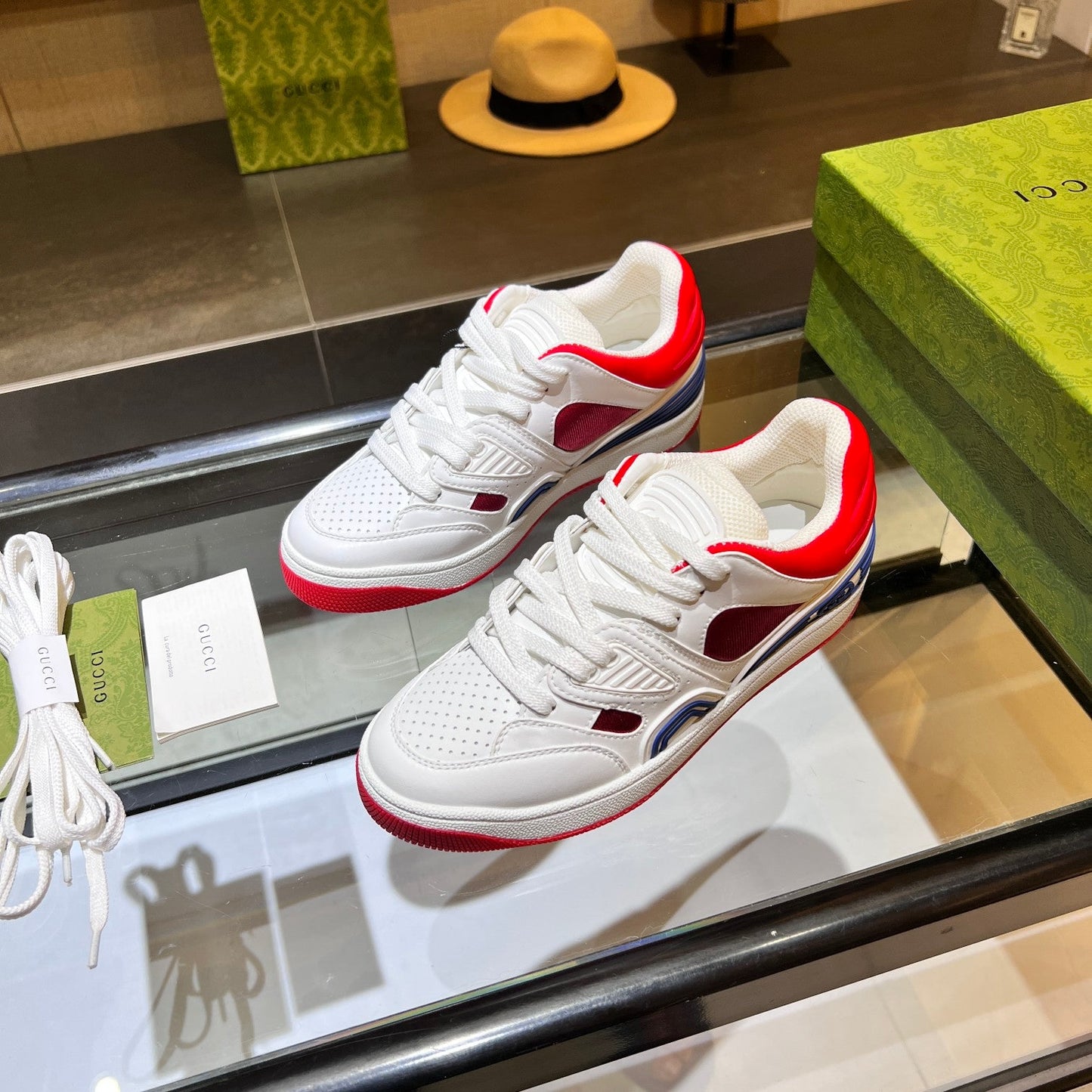 GG Basket Low Trainers White Red Leather 816639