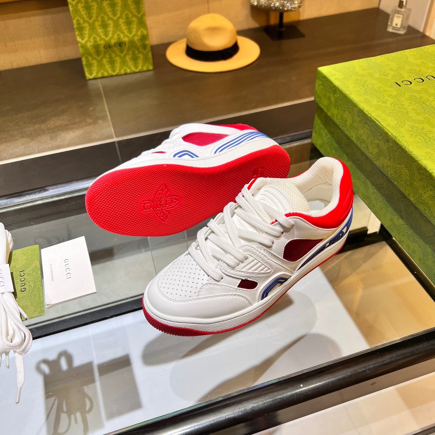 GG Basket Low Trainers White Red Leather 816639