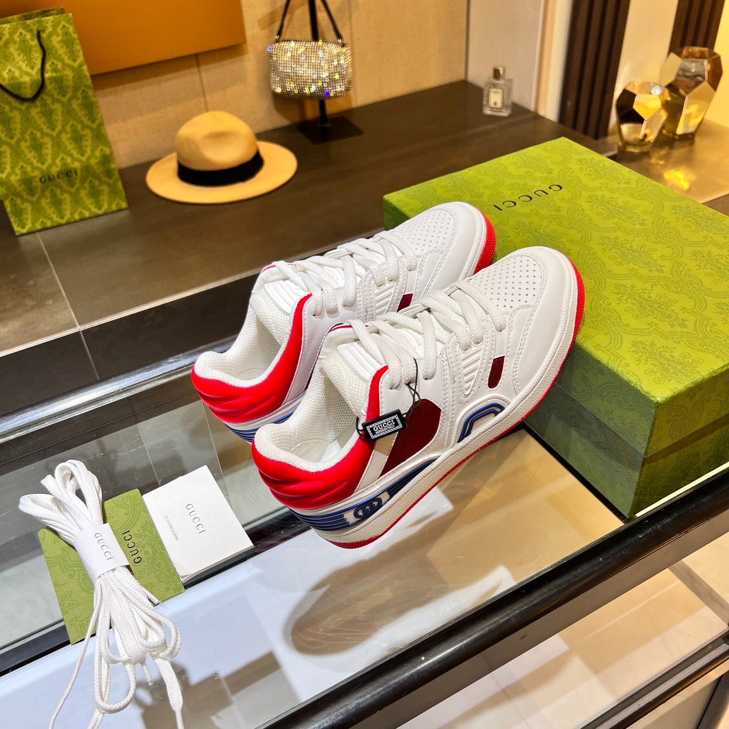 GG Basket Low Trainers White Red Leather 816639