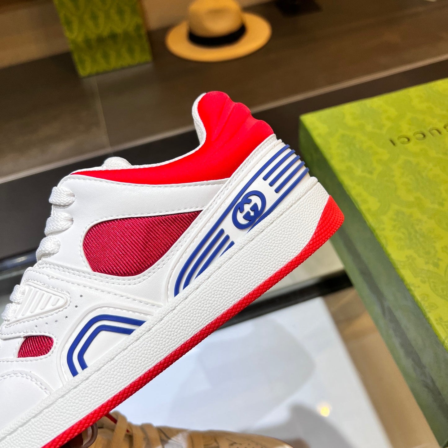 GG Basket Low Trainers White Red Leather 816639
