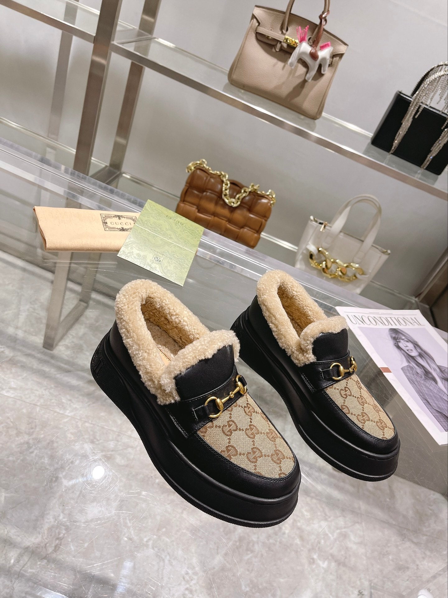 GG Snow Boots Black Beige Calfskin Denim Wool 576250