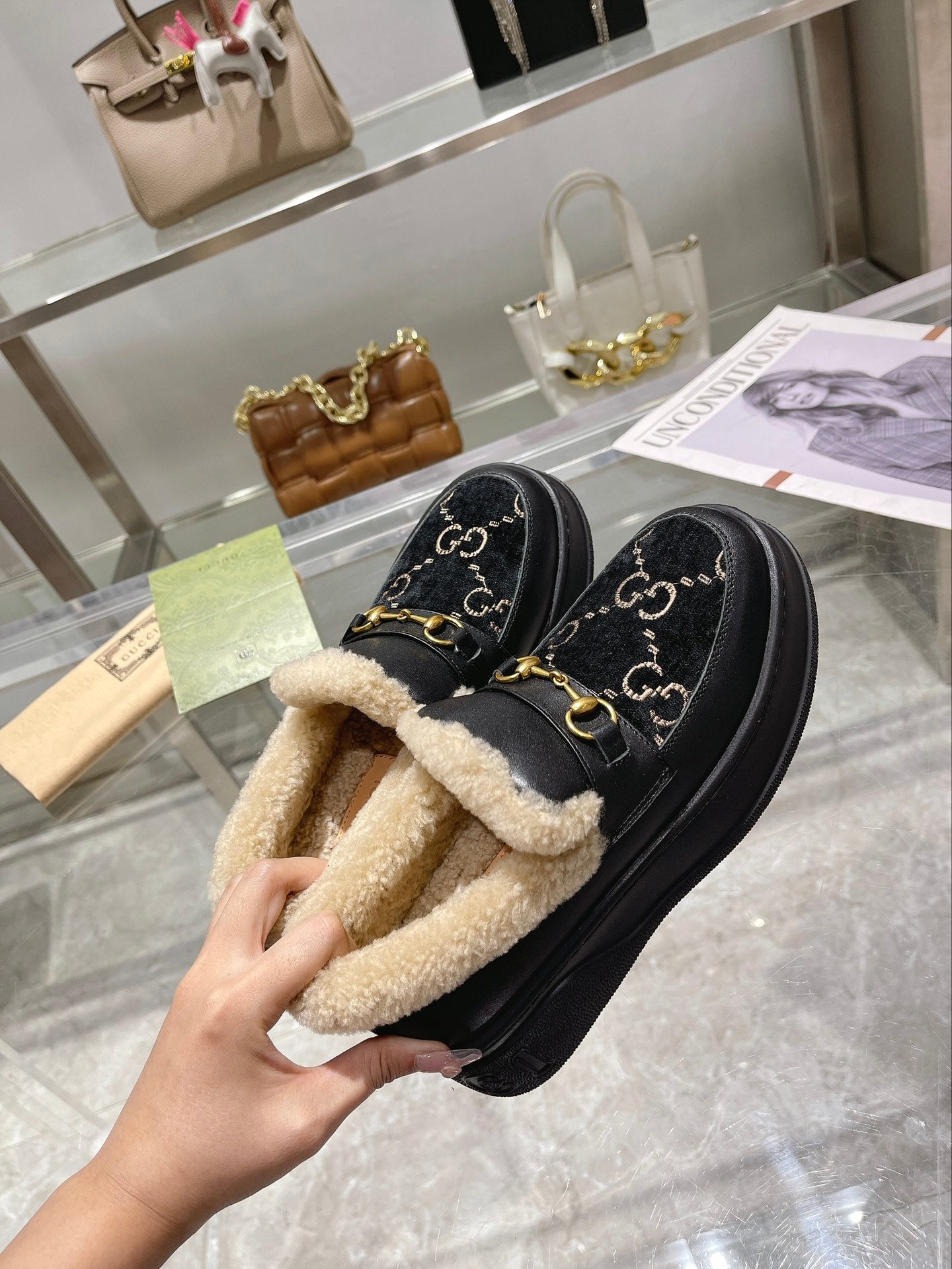 GG Snow Boots Black Calfskin Suede Wool 576251