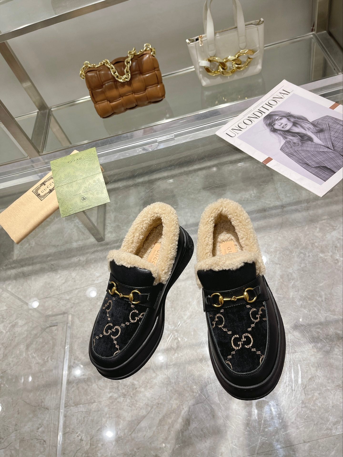 GG Snow Boots Black Calfskin Suede Wool 576251
