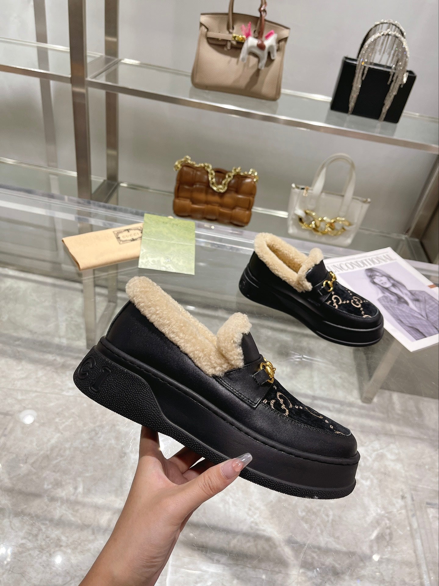 GG Snow Boots Black Calfskin Suede Wool 576251
