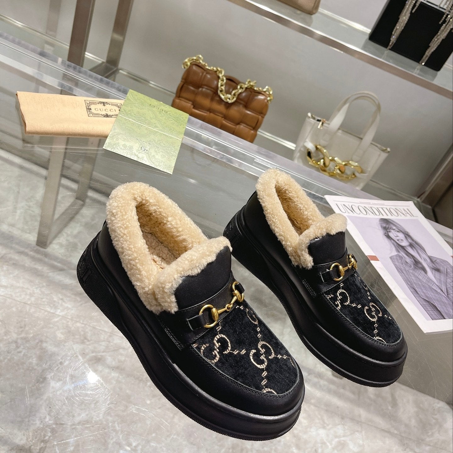 GG Snow Boots Black Calfskin Suede Wool 576251