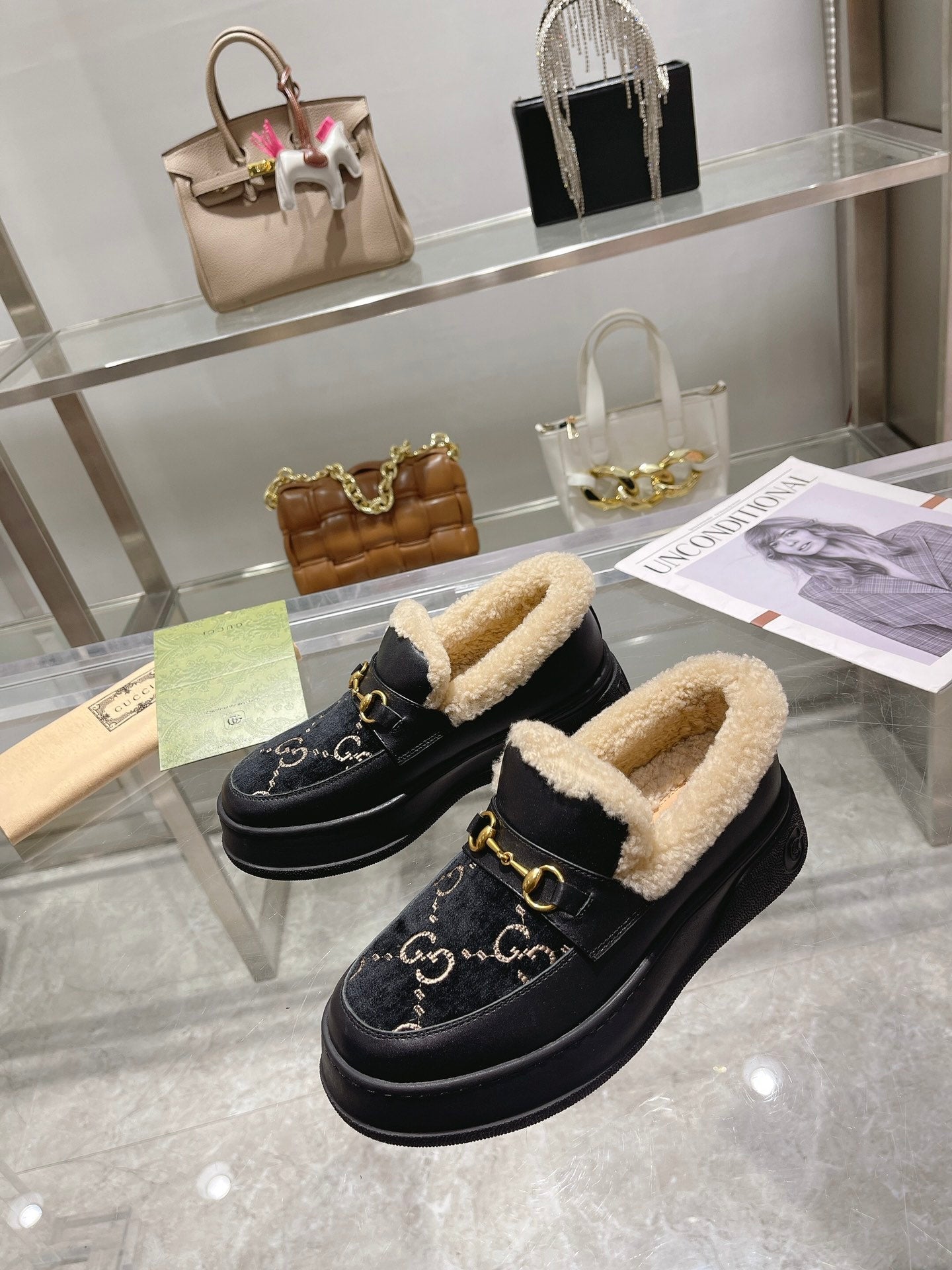 GG Snow Boots Black Calfskin Suede Wool 576251
