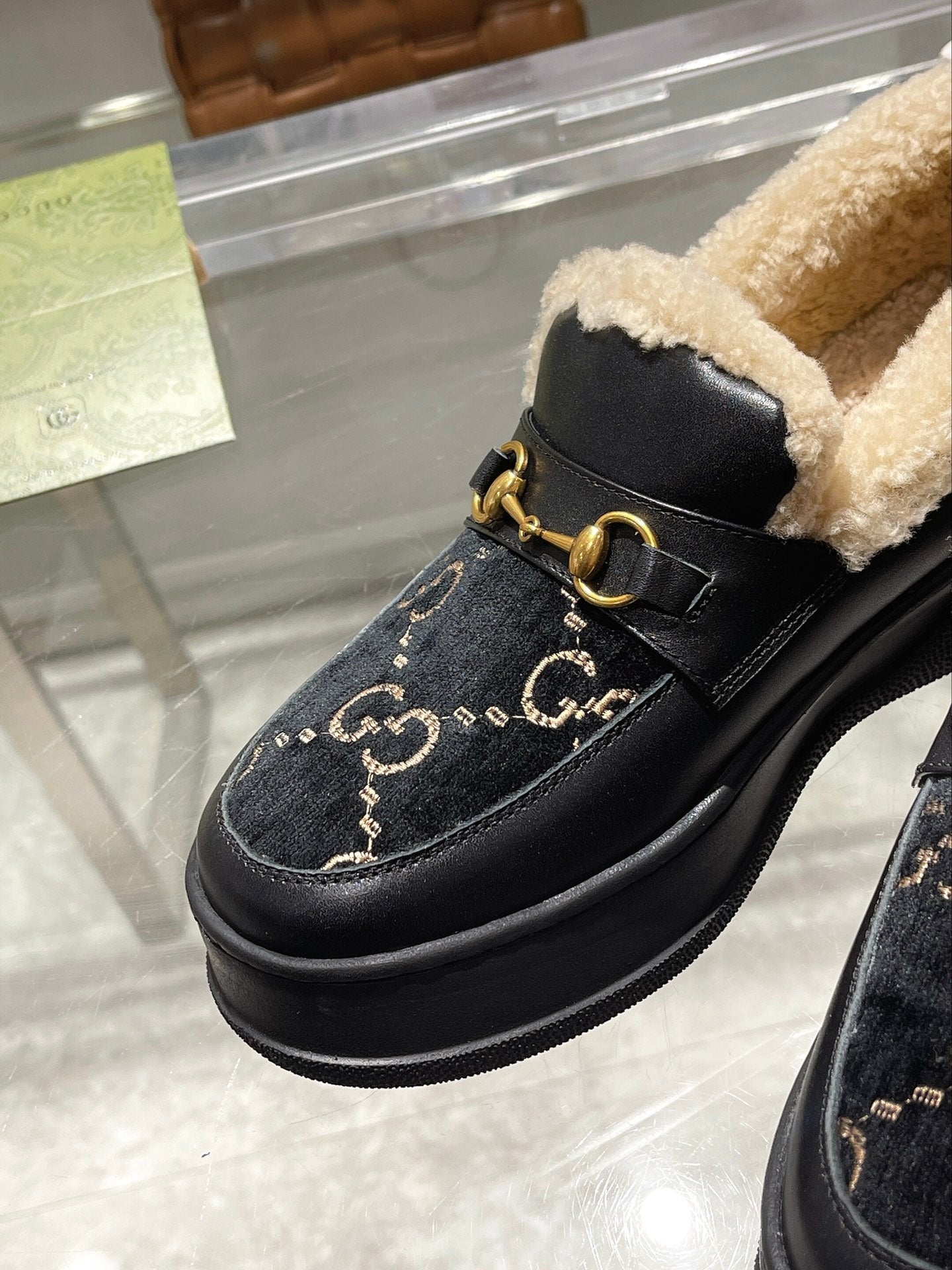 GG Snow Boots Black Calfskin Suede Wool 576251
