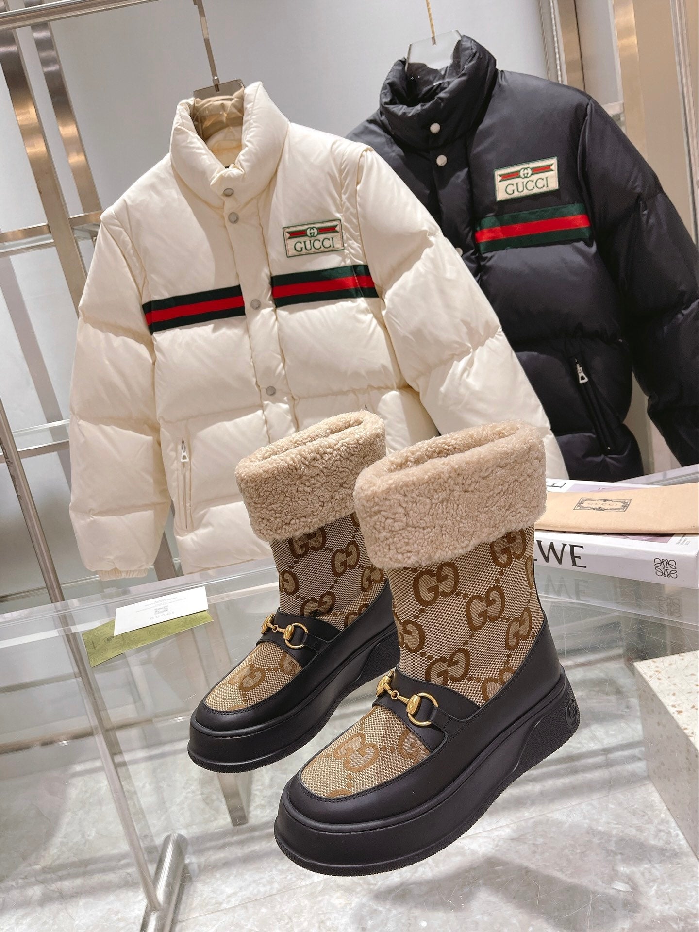 Gucci 2025 Monogram Boot Black Beige Wool Canvas Calfskin 564685