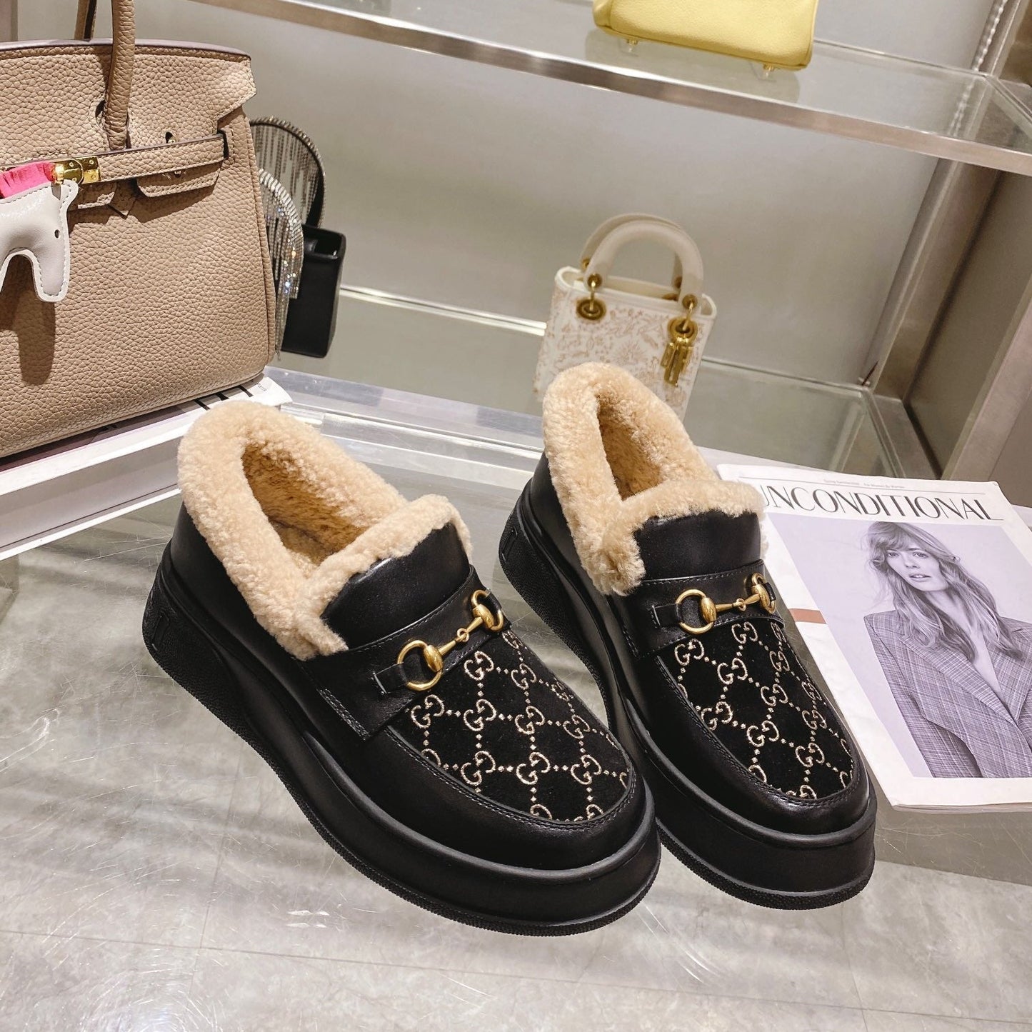 GG Snow Boots Black Cowhide Wool 576234