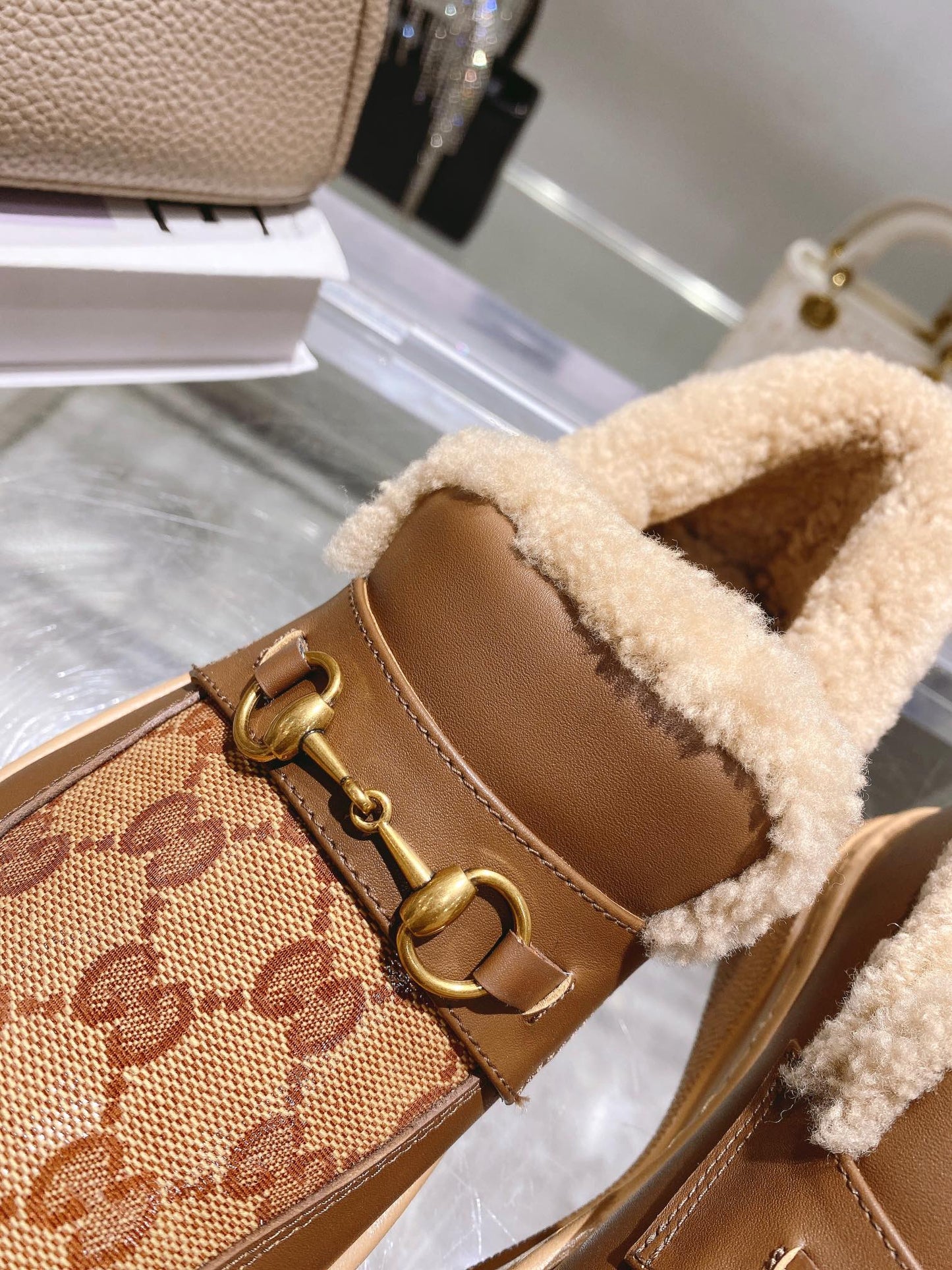GG Snow Boots Brown Patent Calfskin Wool 576237