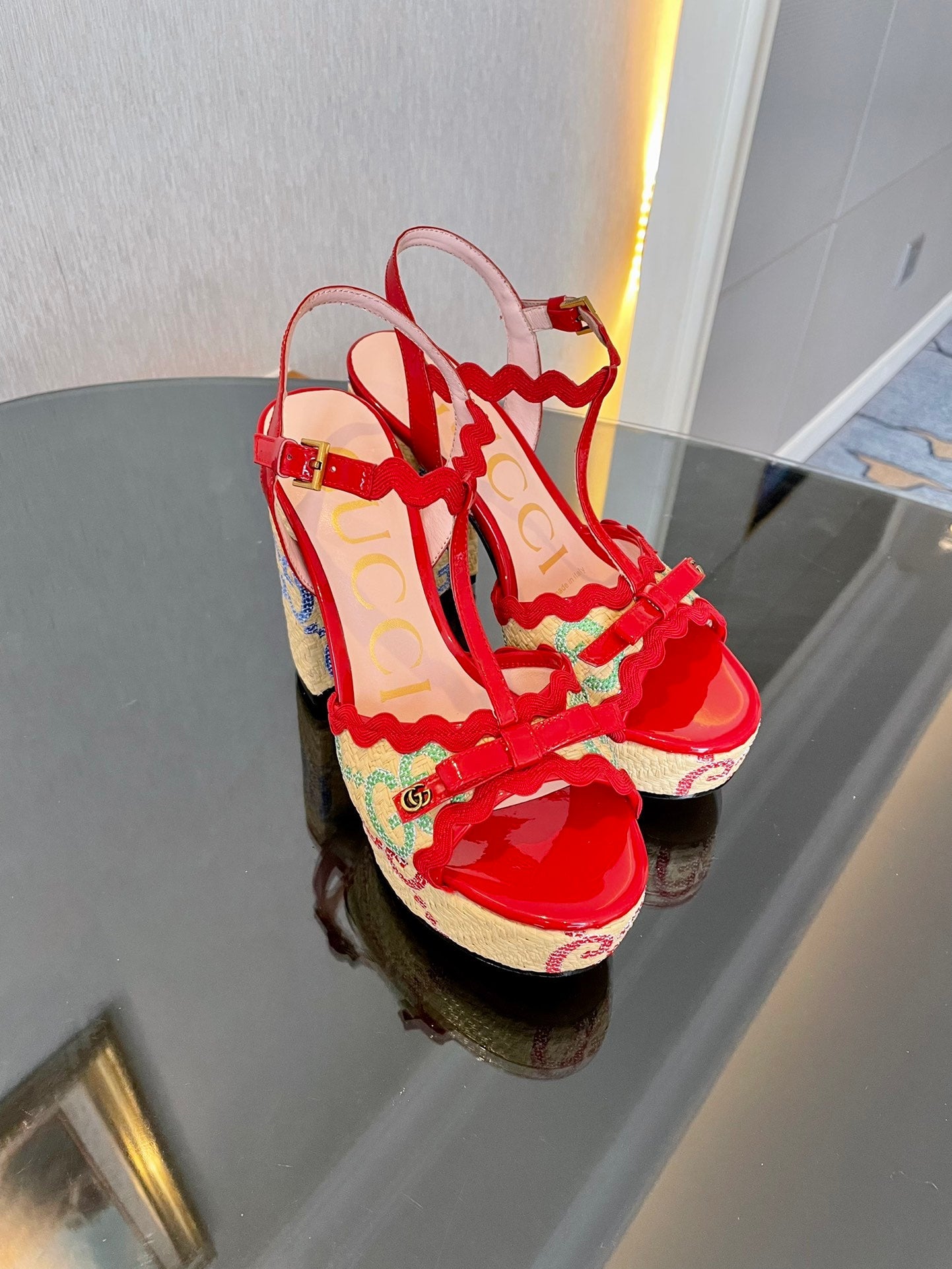 GG Kertu Platform Sandals 12cm Beige Red Raffia Leather 695694