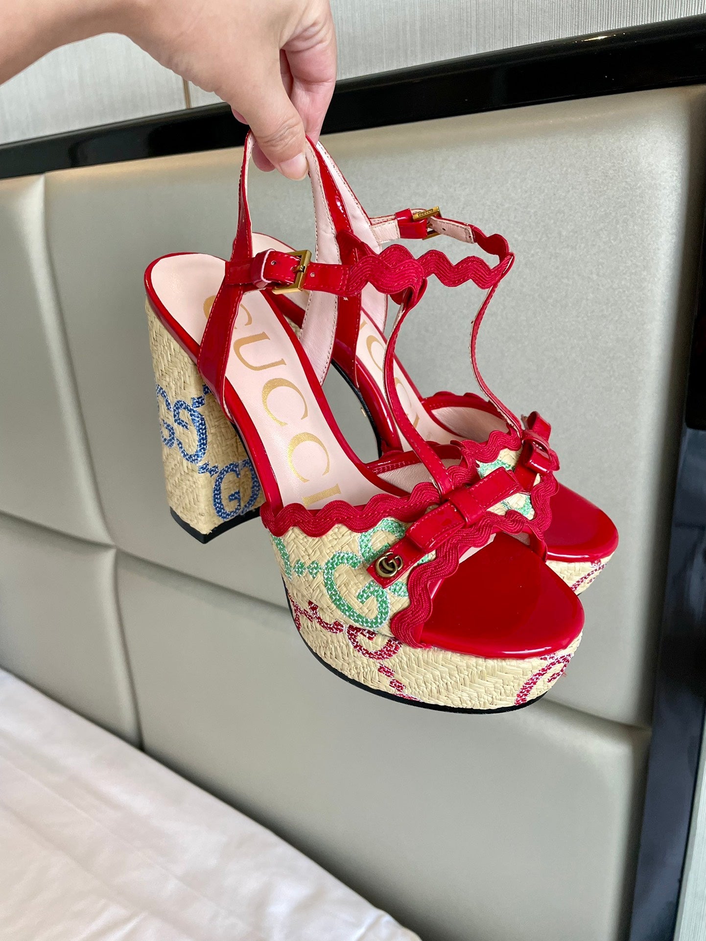 GG Kertu Platform Sandals 12cm Beige Red Raffia Leather 695694