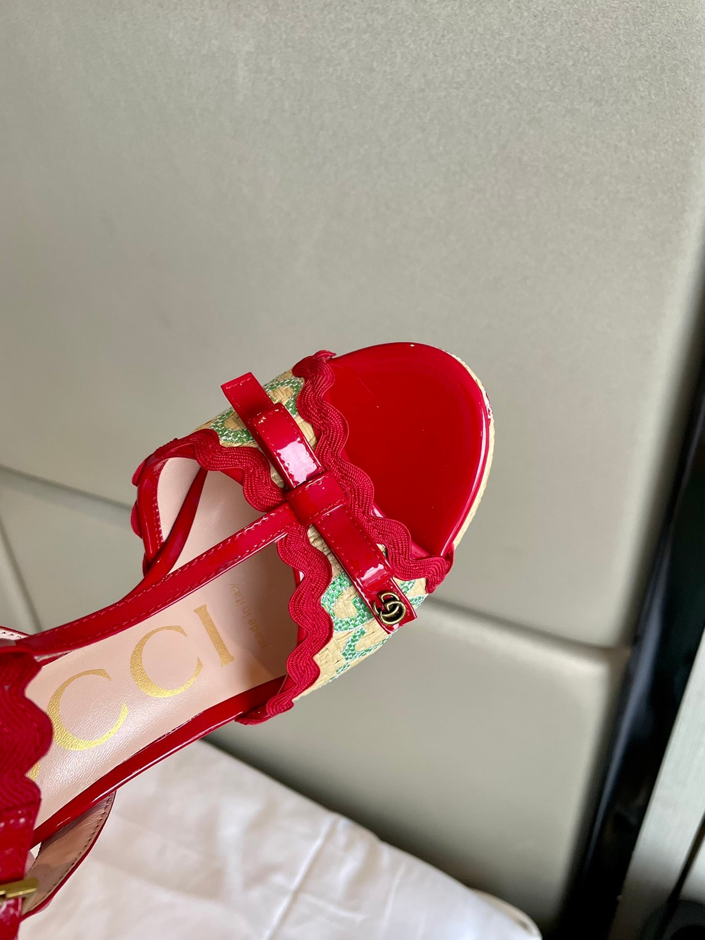 GG Kertu Platform Sandals 12cm Beige Red Raffia Leather 695694