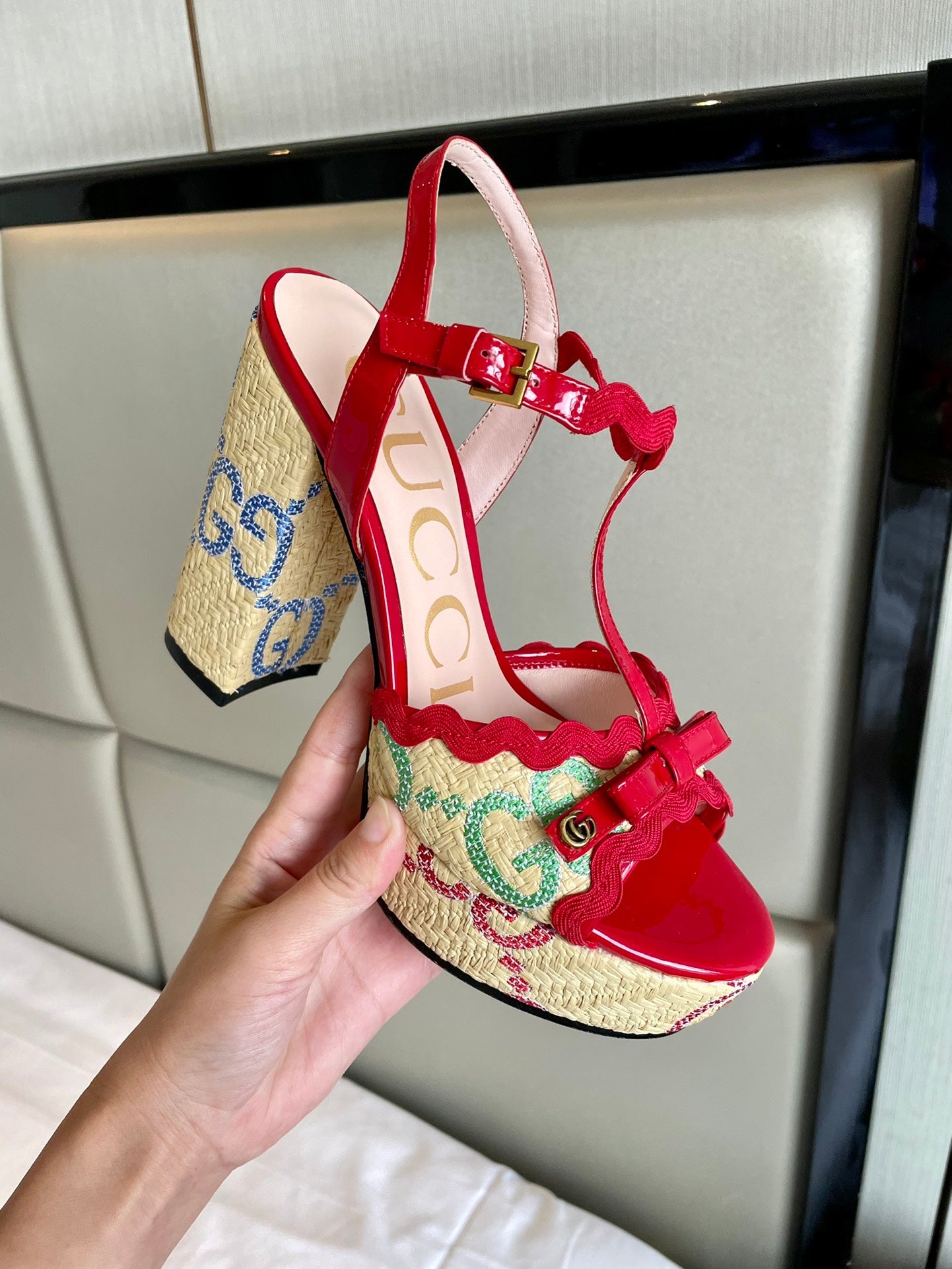 GG Kertu Platform Sandals 12cm Beige Red Raffia Leather 695694