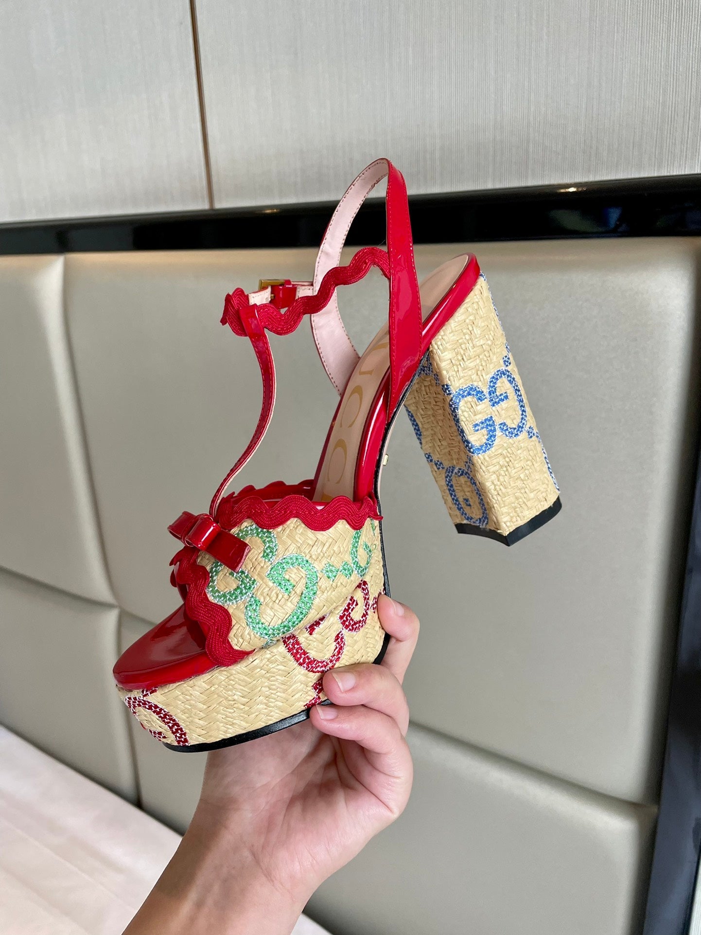 GG Kertu Platform Sandals 12cm Beige Red Raffia Leather 695694