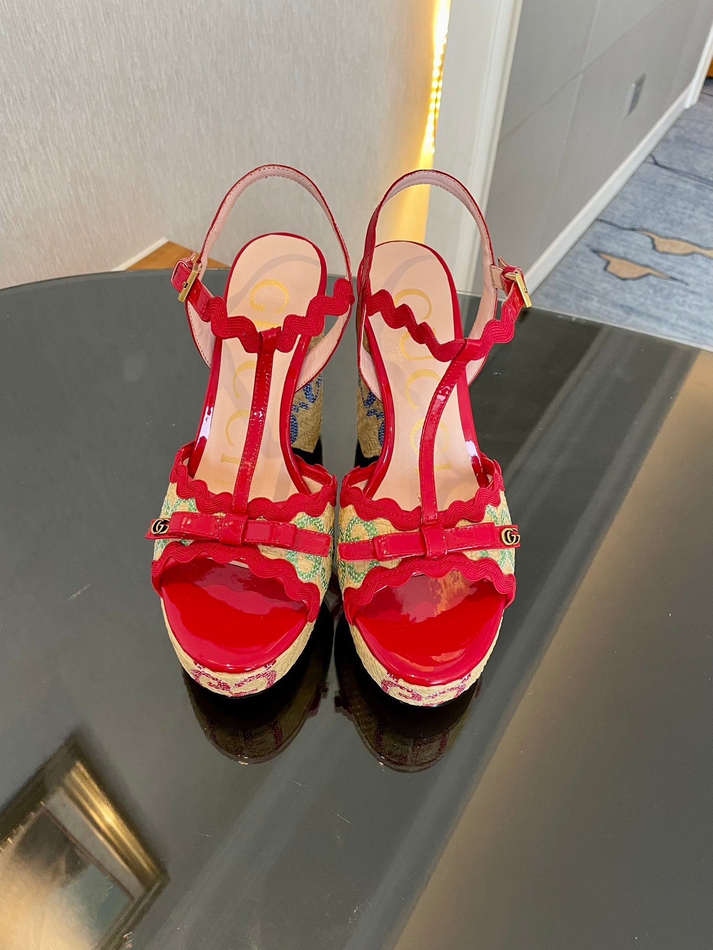 GG Kertu Platform Sandals 12cm Beige Red Raffia Leather 695694